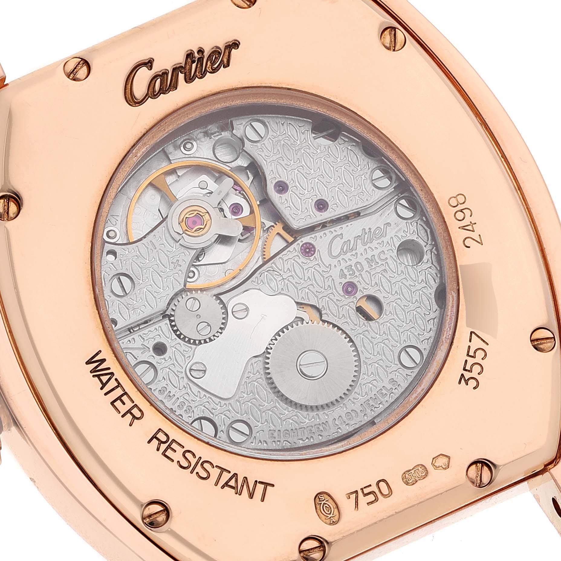 This image shows the back of a Cartier Tortue WA503751 Women's Rose Gold Silver Dial WA503751 Women's Rose Gold Silver Dial watch, highlighting the intricate movement and water resistance features.