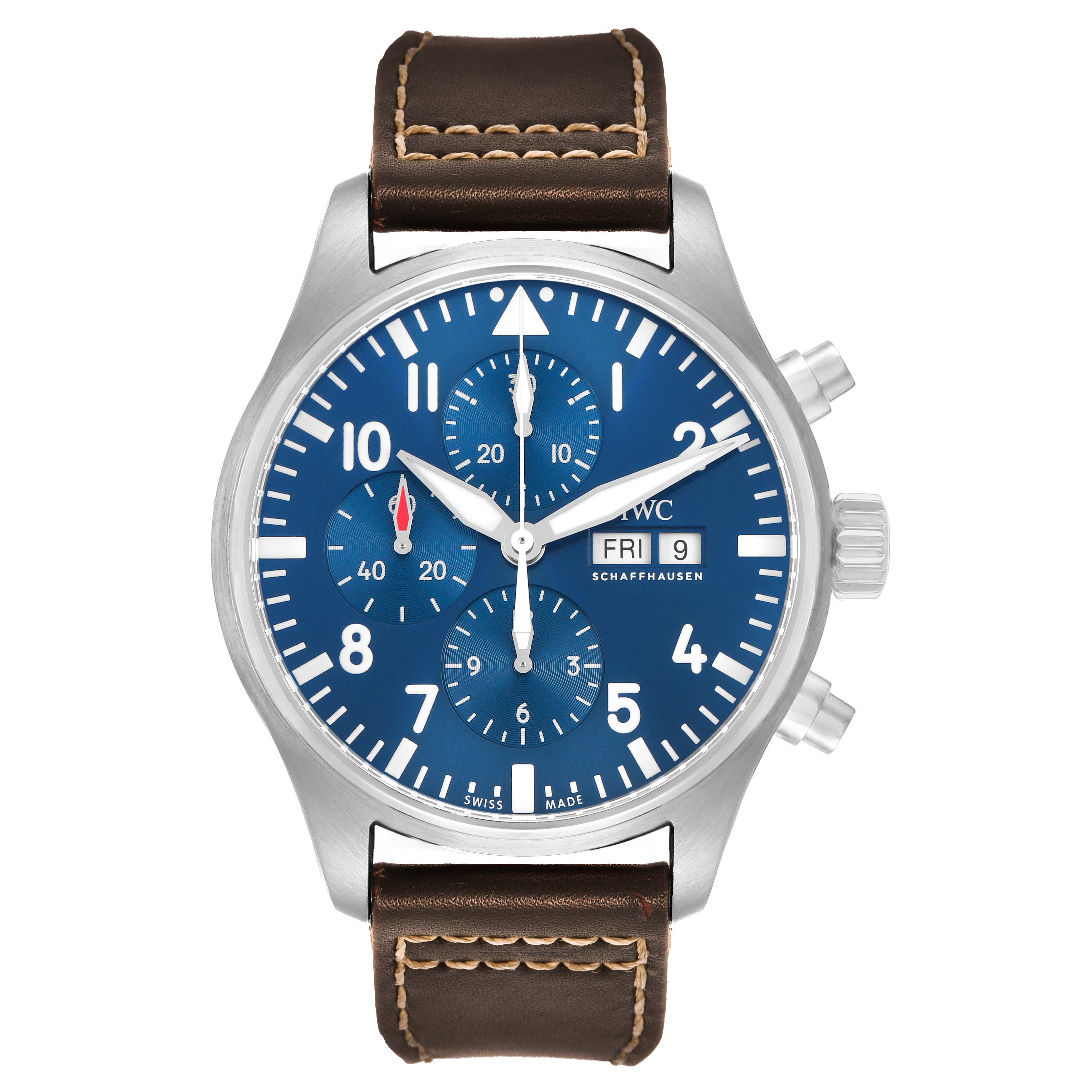 The IWC Pilot IW377714 Men's Stainless Steel Blue Dial watch is shown from a front angle, highlighting its blue dial, chronographs, and brown leather strap.