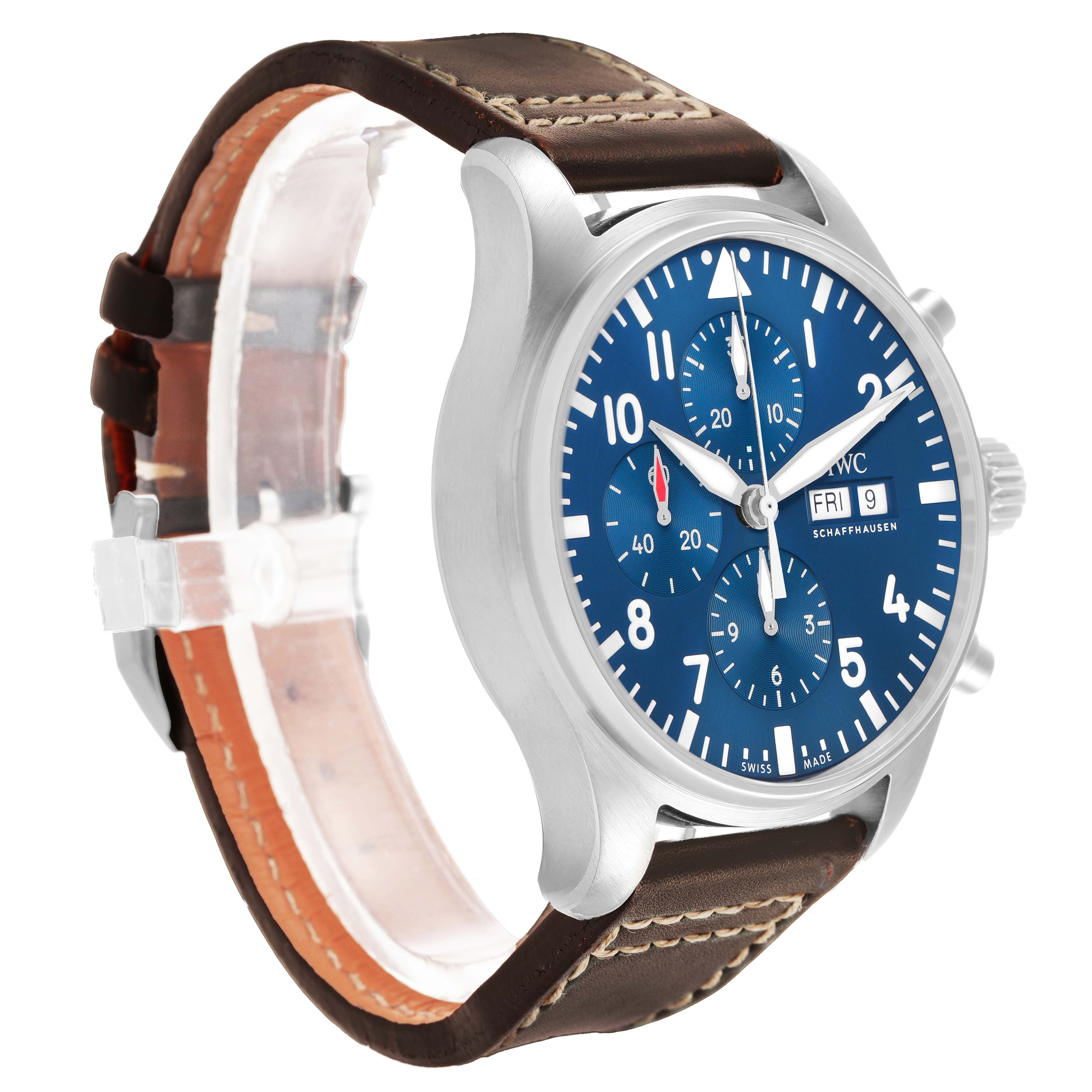 The IWC Pilot IW377714 Men's Stainless Steel Blue Dial watch is shown at a three-quarter angle, highlighting the blue dial, subdials, and brown leather strap.