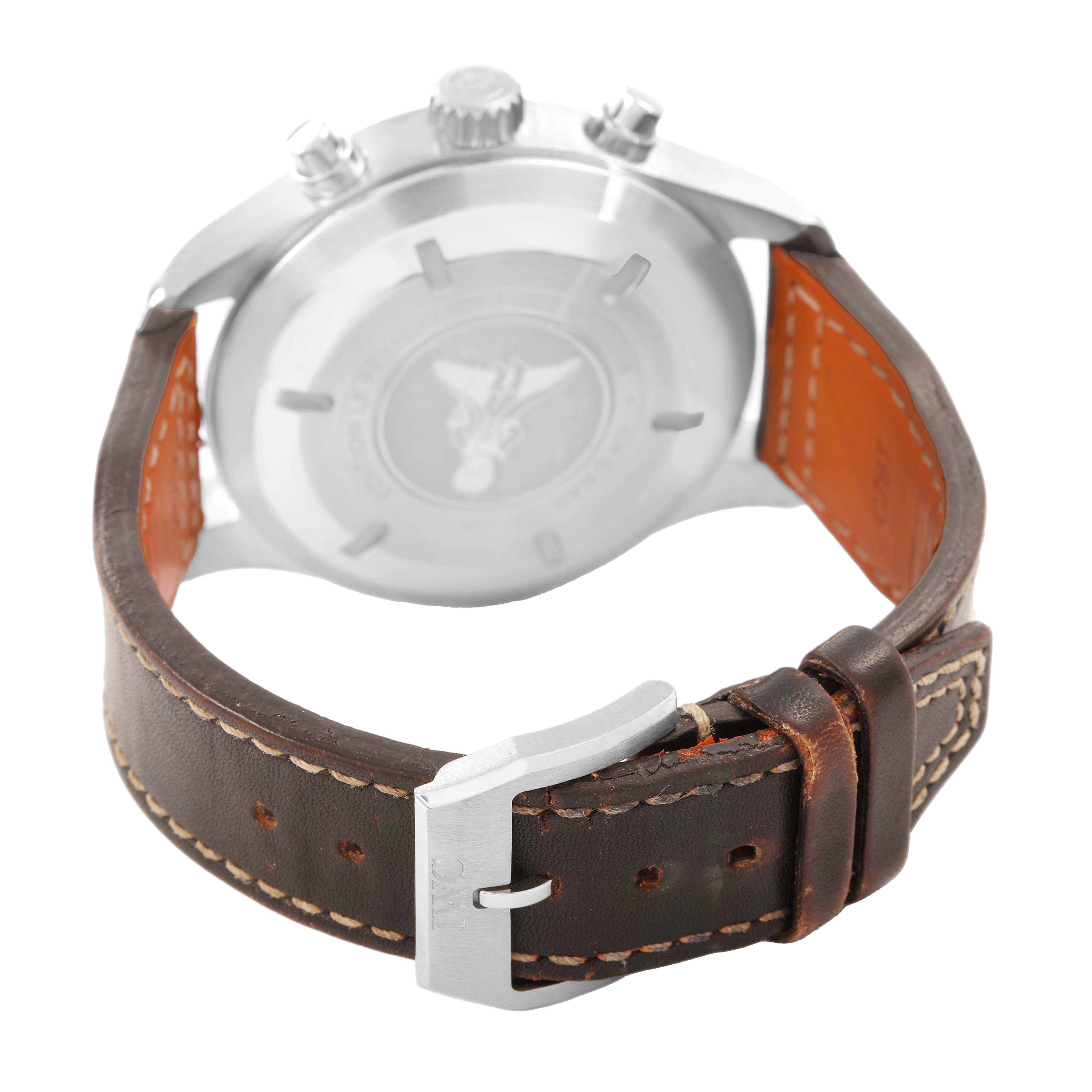 The image shows the back of the IWC Pilot IW377714 Men's Stainless Steel Blue Dial watch, highlighting the case back, crown, and leather strap with stitching and buckle.