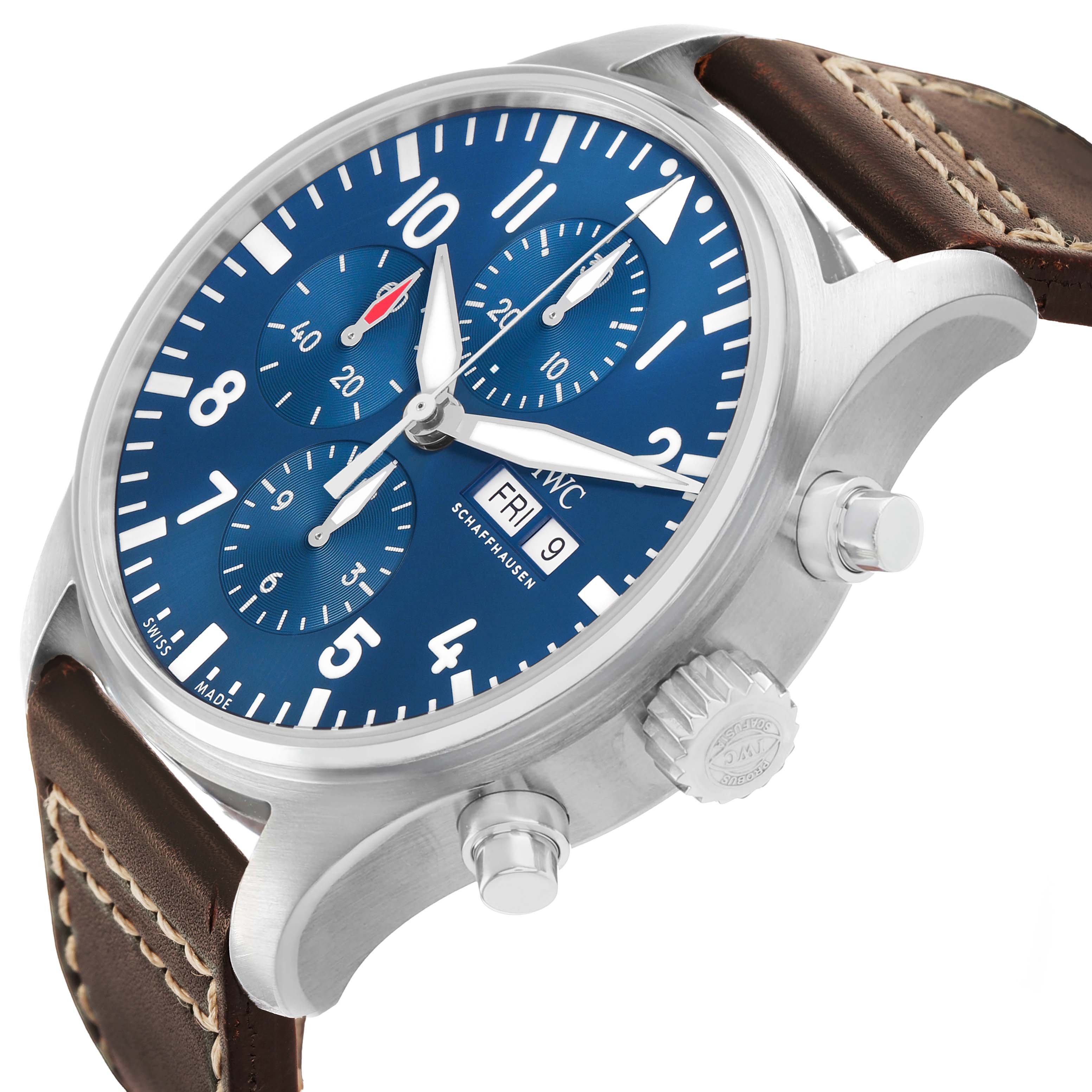 The IWC Pilot IW377714 Men's Stainless Steel Blue Dial model is shown at an angled view, highlighting the blue dial, crown, pushers, and brown leather strap.