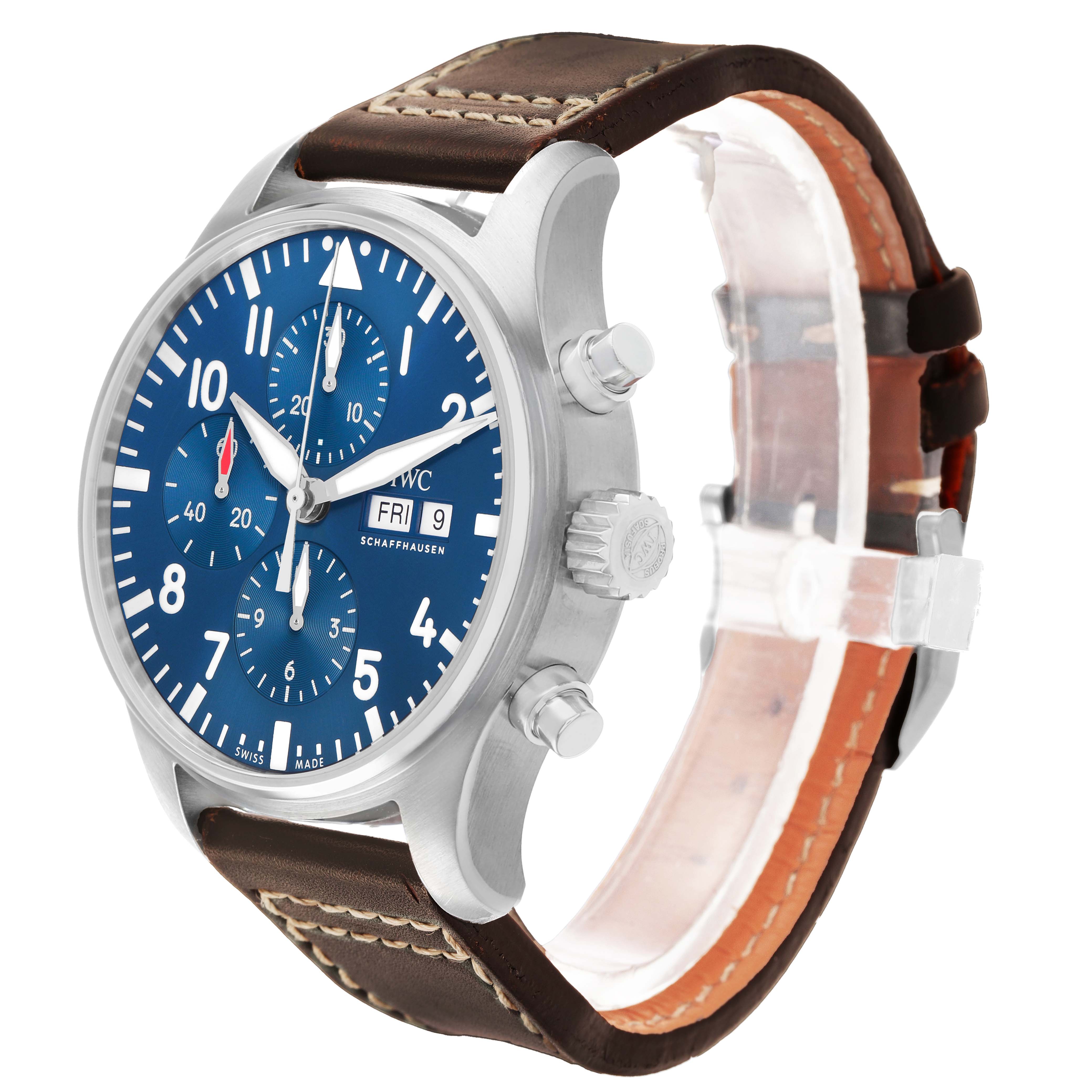 The IWC Pilot IW377714 Men's Stainless Steel Blue Dial watch is shown at a slight angle, highlighting the face, chronograph buttons, crown, and brown leather strap.