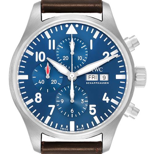 The image shows a frontal view of the IWC Pilot IW377714 Mens Stainless Steel Blue Dial watch, highlighting its blue dial, chronograph subdials, and date window.