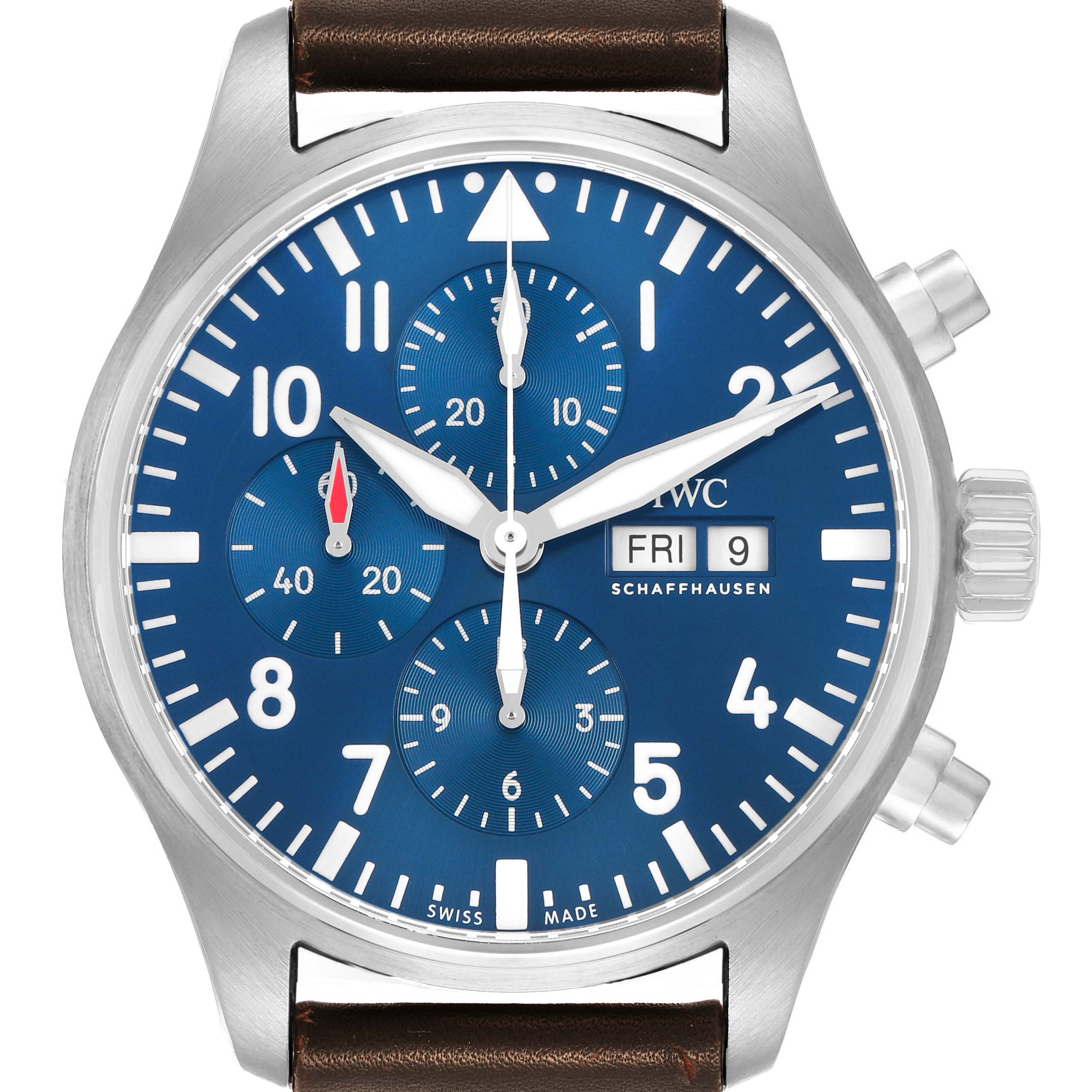 The IWC Pilot IW377714 Men's Stainless Steel Blue Dial model watch is shown from the front, displaying the blue dial, subdials, and brown leather strap.