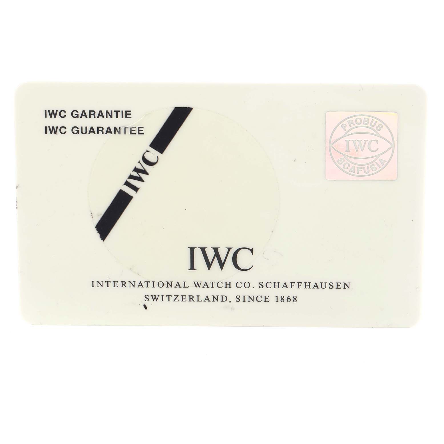 The image shows an IWC guarantee card for the IWC Pilot IW320103 Men's Rose Gold Brown Dial IW320103 Men's Rose Gold Brown Dial model watch.