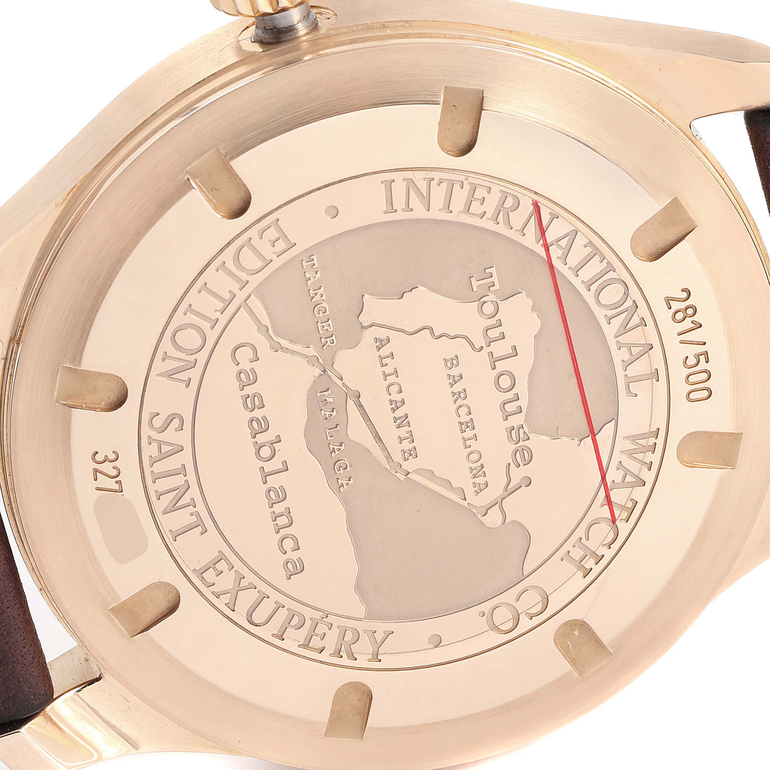 The image shows the back of the IWC Pilot IW320103 Men's Rose Gold Brown Dial IW320103 Men's Rose Gold Brown Dial watch model featuring engraved cities and limited edition numbering.