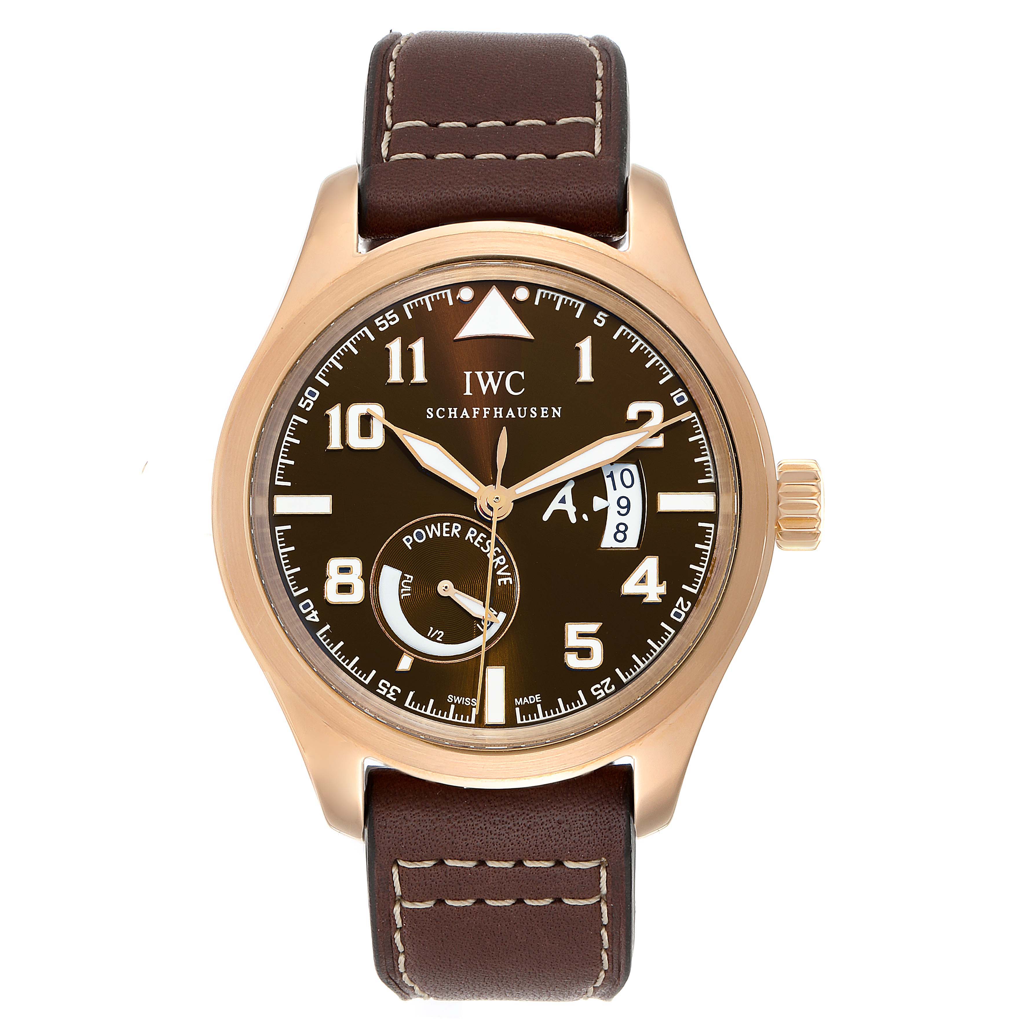 This image shows a front view of an IWC Pilot IW320103 Men's Rose Gold Brown Dial IW320103 Men's Rose Gold Brown Dial model watch, featuring the dial, hands, crown, and leather strap.