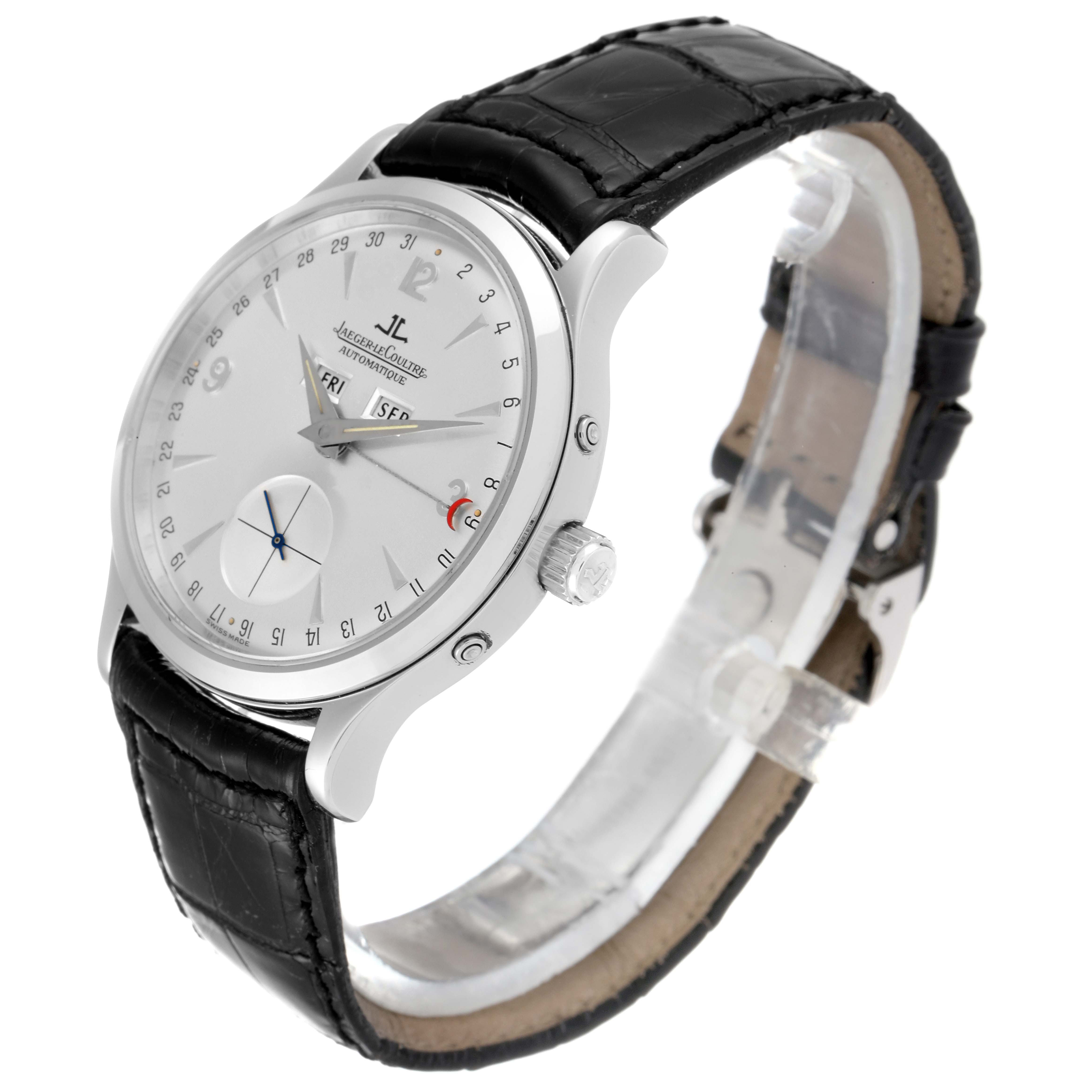 The image shows a Jaeger-LeCoultre Master model watch at a slight angle, highlighting its face, bezel, crown, and black leather strap.