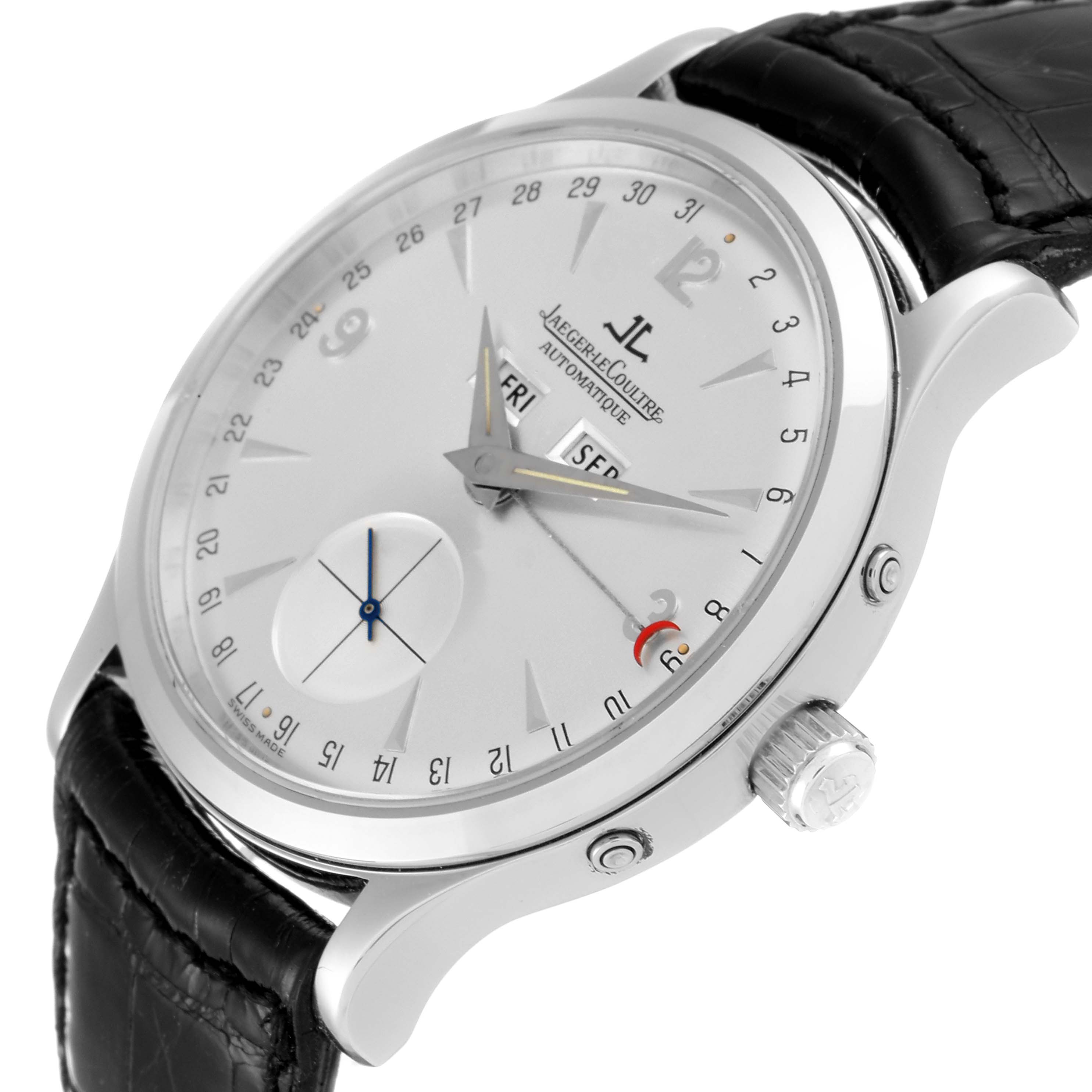 This Jaeger LeCoultre Master 140.8.87 Men's Stainless Steel Silver Dial 140.8.87 Men's Stainless Steel Silver Dial model watch is shown from a side angle, highlighting its face, crown, leather strap, and lugs.