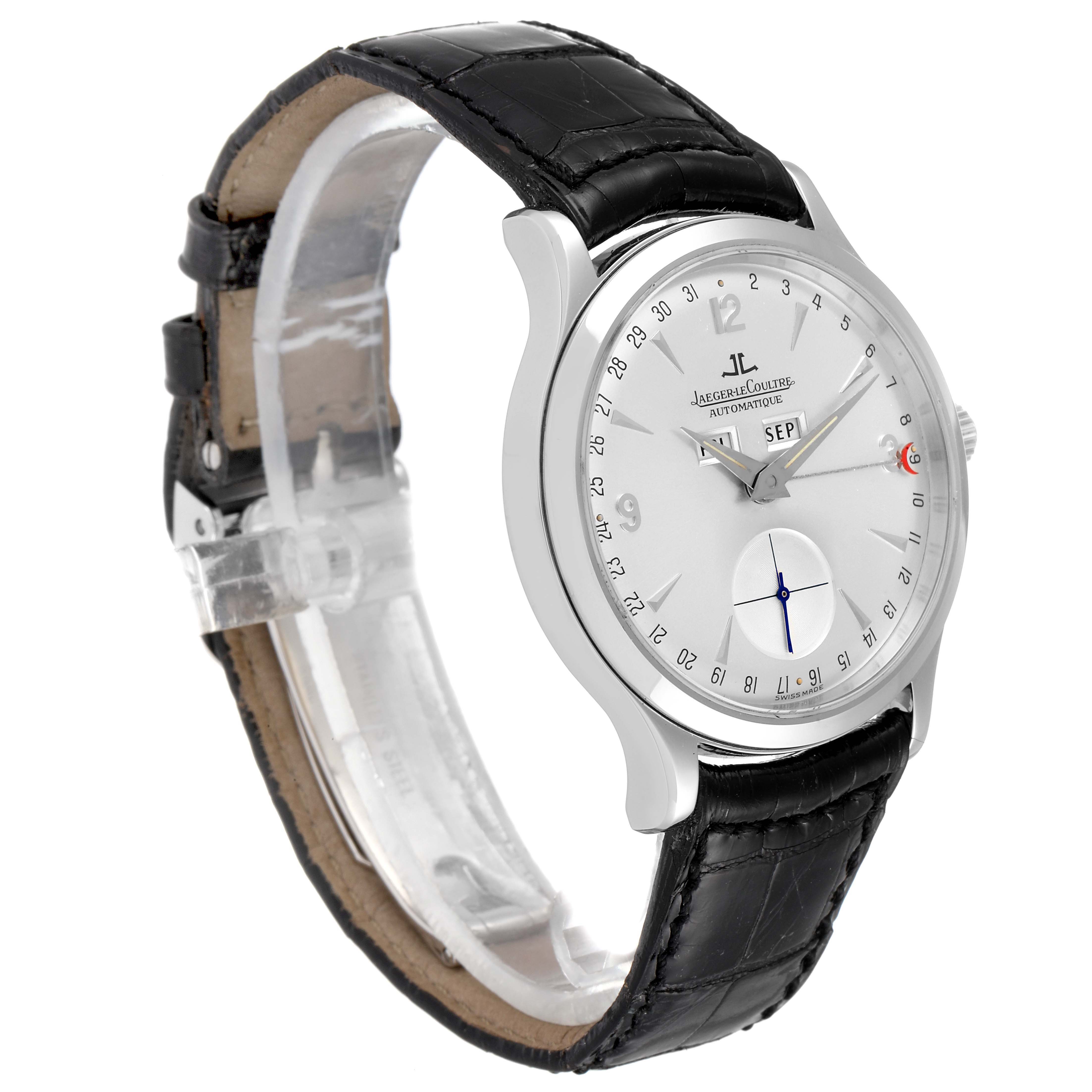 The Jaeger LeCoultre Master 140.8.87 Men's Stainless Steel Silver Dial 140.8.87 Men's Stainless Steel Silver Dial model watch is shown from a front-side angle, displaying its face and black leather strap.