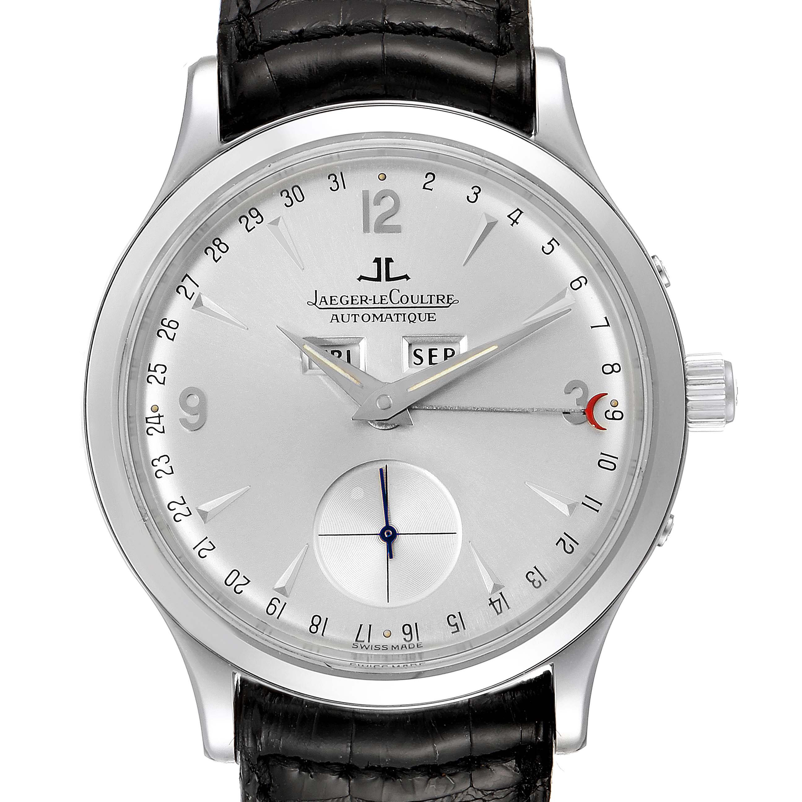 The image shows a front view of the Jaeger-LeCoultre Master model watch, highlighting the dial and hands.