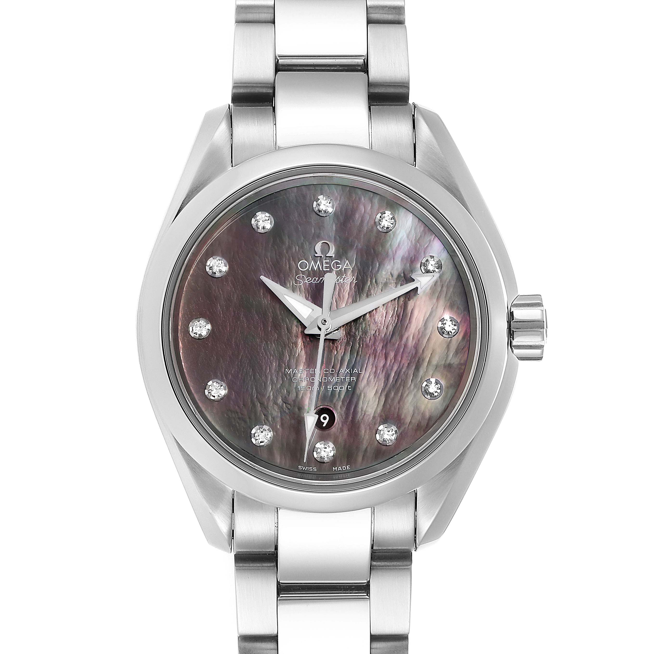 The image shows a front view of the Omega 231.10.34.20.57.001 Women's Stainless Steel Mother of Pearl Dial 231.10.34.20.57.001 Women's Stainless Steel Mother of Pearl Dial Aqua Terra 34 Diamond Ladies Watch, model 231.10.34.20.57.001.
