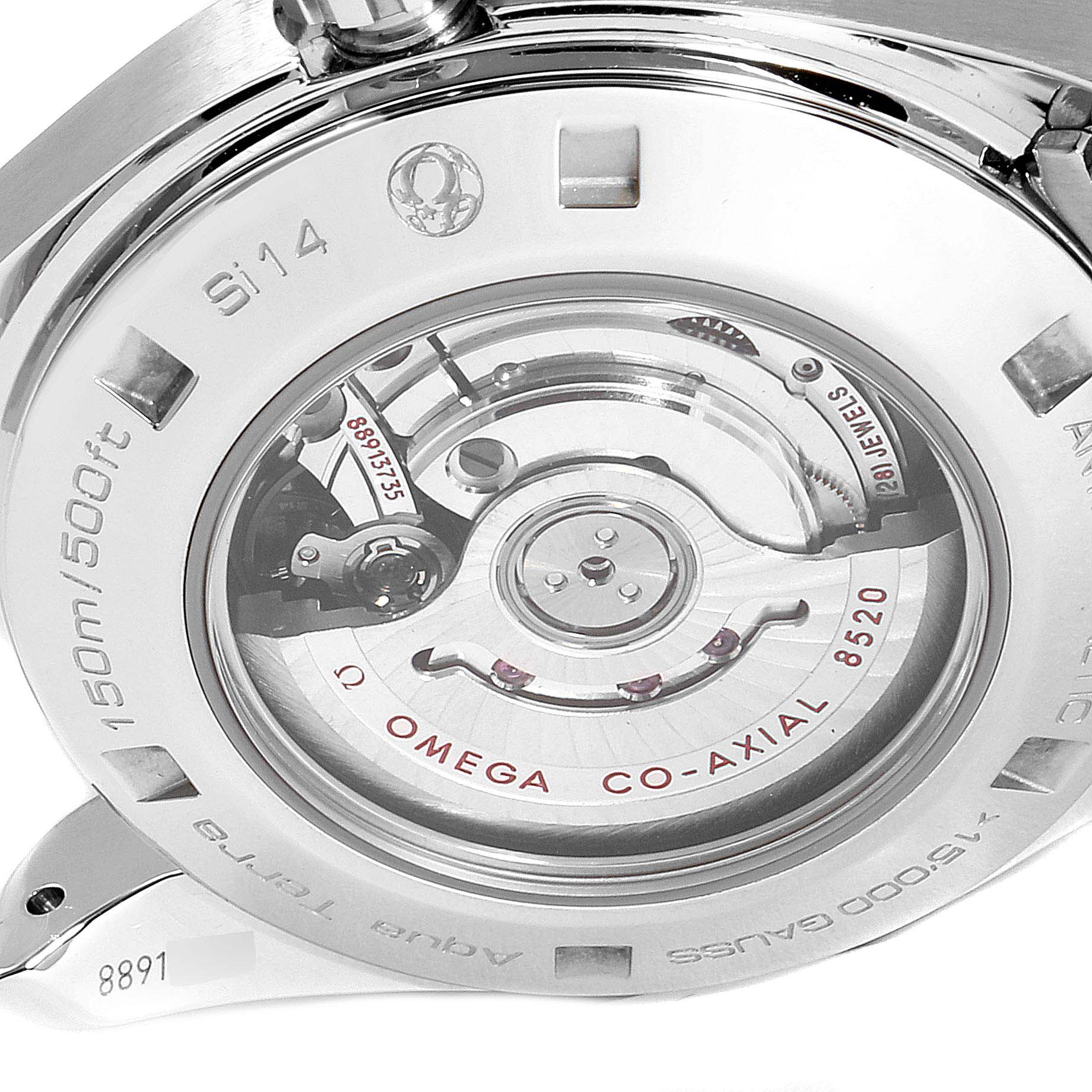 This image shows the back view of the Omega 231.10.34.20.57.001 Women's Stainless Steel Mother of Pearl Dial 231.10.34.20.57.001 Women's Stainless Steel Mother of Pearl Dial Aqua Terra 34 Diamond Ladies Watch 231.10.34.20.57.001, highlighting its co-axial movement.