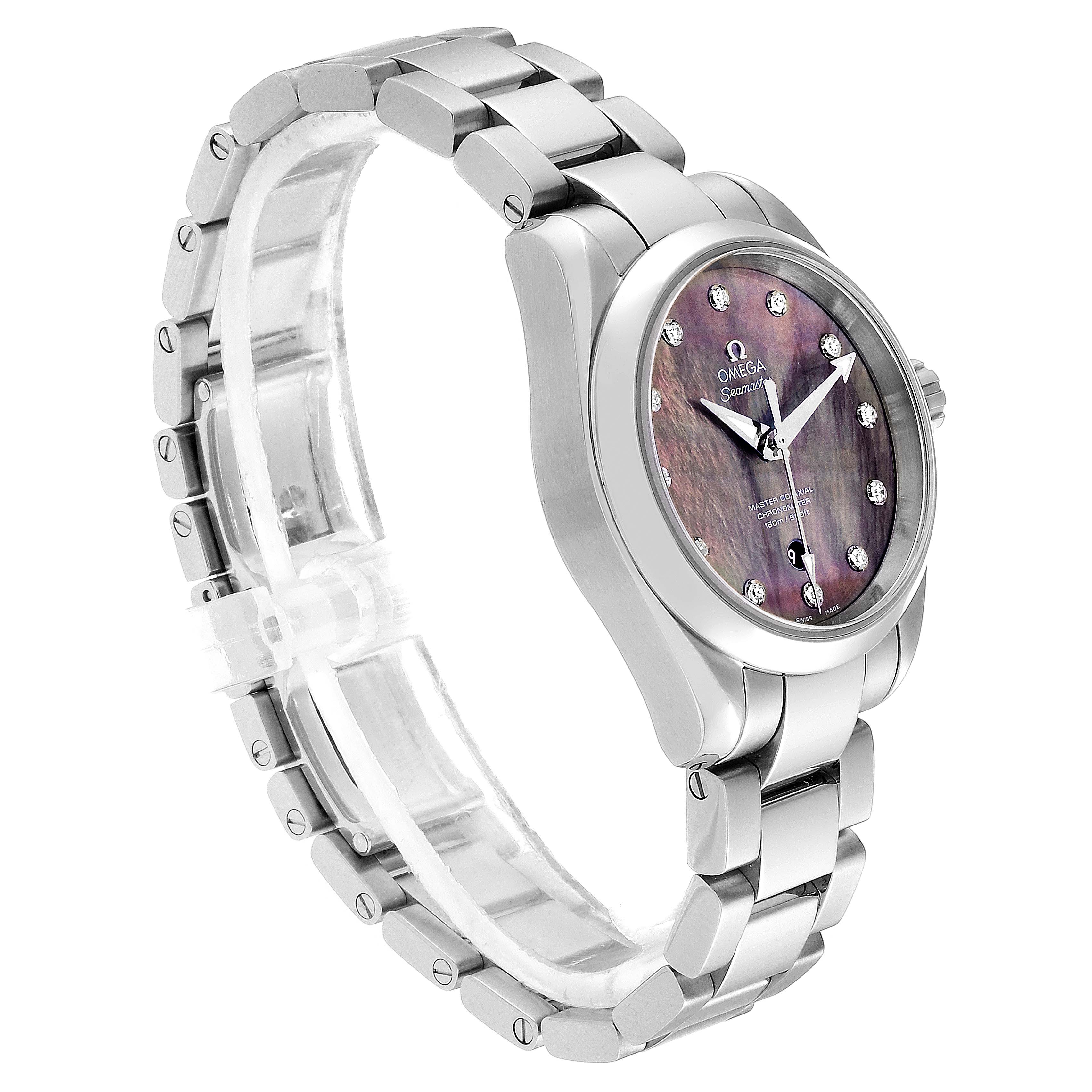 This image shows a side angled view of the Omega 231.10.34.20.57.001 Women's Stainless Steel Mother of Pearl Dial 231.10.34.20.57.001 Women's Stainless Steel Mother of Pearl Dial Aqua Terra 34 Diamond Ladies Watch 231.10.34.20.57.001, highlighting its bracelet and face.