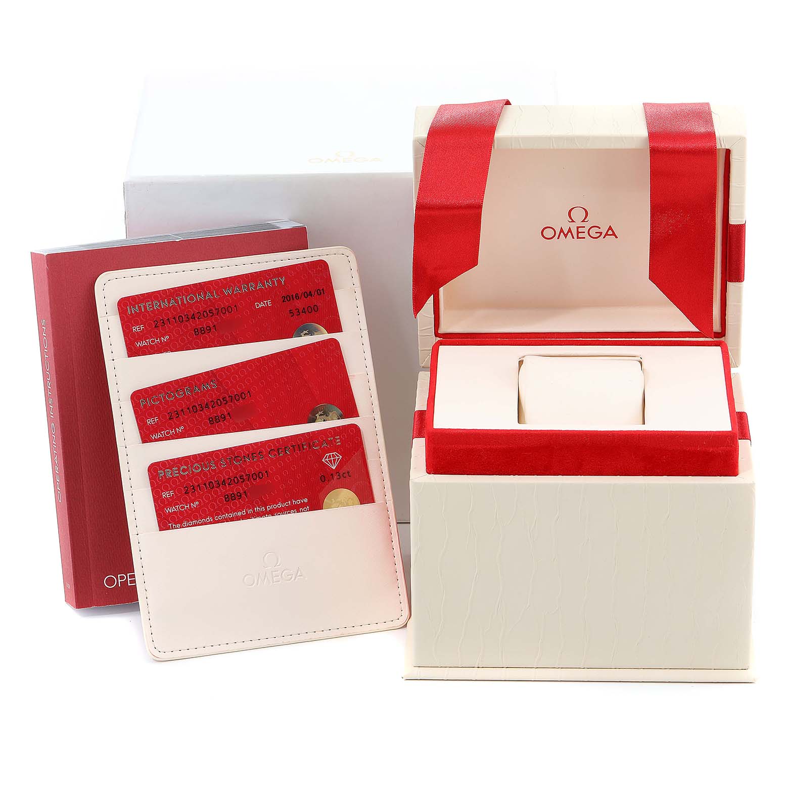 The image shows the packaging, warranty cards, and other accessories for the Omega 231.10.34.20.57.001 Women's Stainless Steel Mother of Pearl Dial 231.10.34.20.57.001 Women's Stainless Steel Mother of Pearl Dial Aqua Terra 34 Diamond Ladies Watch 231.10.34.20.57.001.