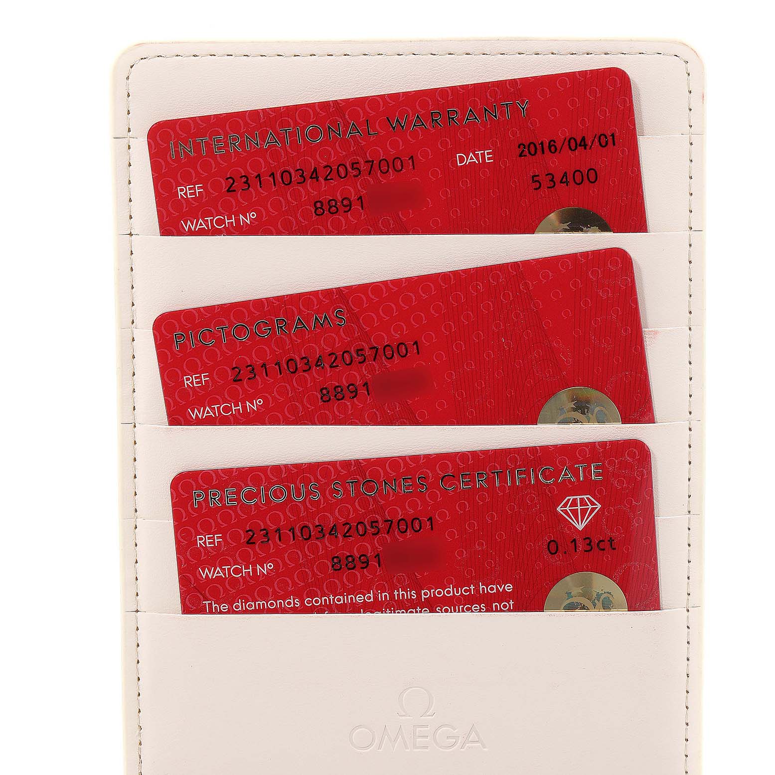 The image shows the warranty, pictograms, and precious stones certificate cards for the Omega 231.10.34.20.57.001 Women's Stainless Steel Mother of Pearl Dial 231.10.34.20.57.001 Women's Stainless Steel Mother of Pearl Dial Aqua Terra 34 Diamond Ladies Watch 231.10.34.20.57.001.