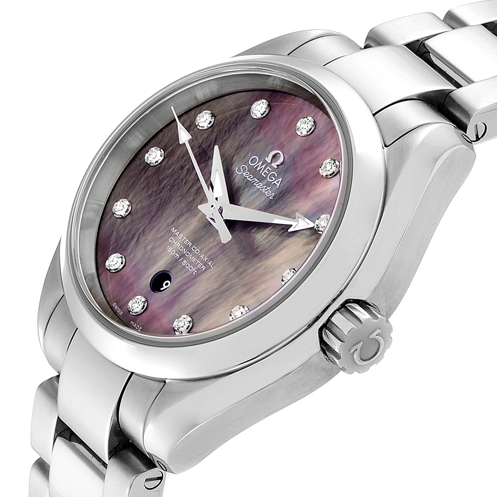 The Omega 231.10.34.20.57.001 Women's Stainless Steel Mother of Pearl Dial 231.10.34.20.57.001 Women's Stainless Steel Mother of Pearl Dial Aqua Terra 34 Diamond Ladies Watch is shown at an angle displaying its face, bezel, crown, and part of the bracelet.