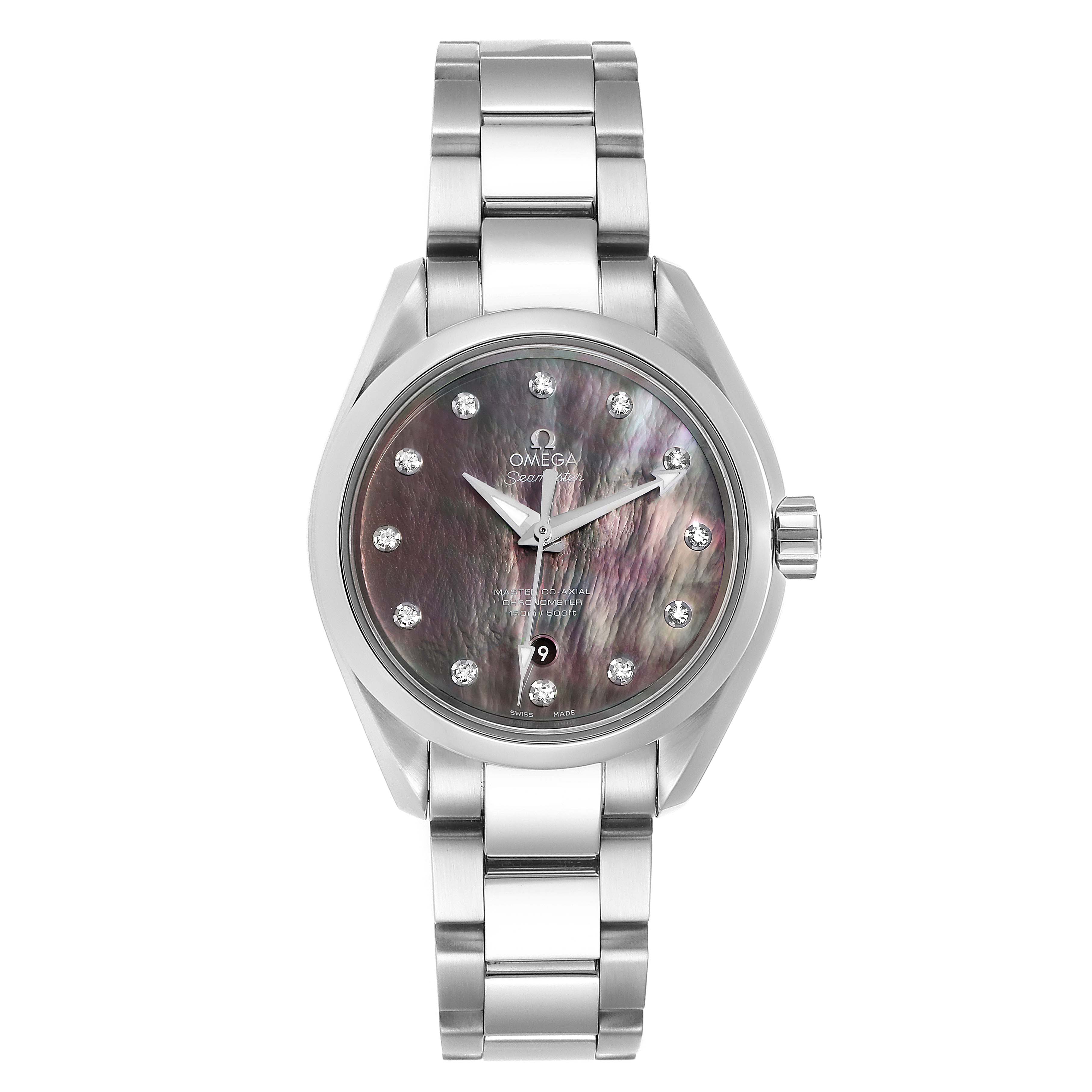 The image shows a frontal view of the Omega 231.10.34.20.57.001 Women's Stainless Steel Mother of Pearl Dial 231.10.34.20.57.001 Women's Stainless Steel Mother of Pearl Dial Aqua Terra 34 Diamond Ladies Watch 231.10.34.20.57.001, displaying the dial and bracelet.