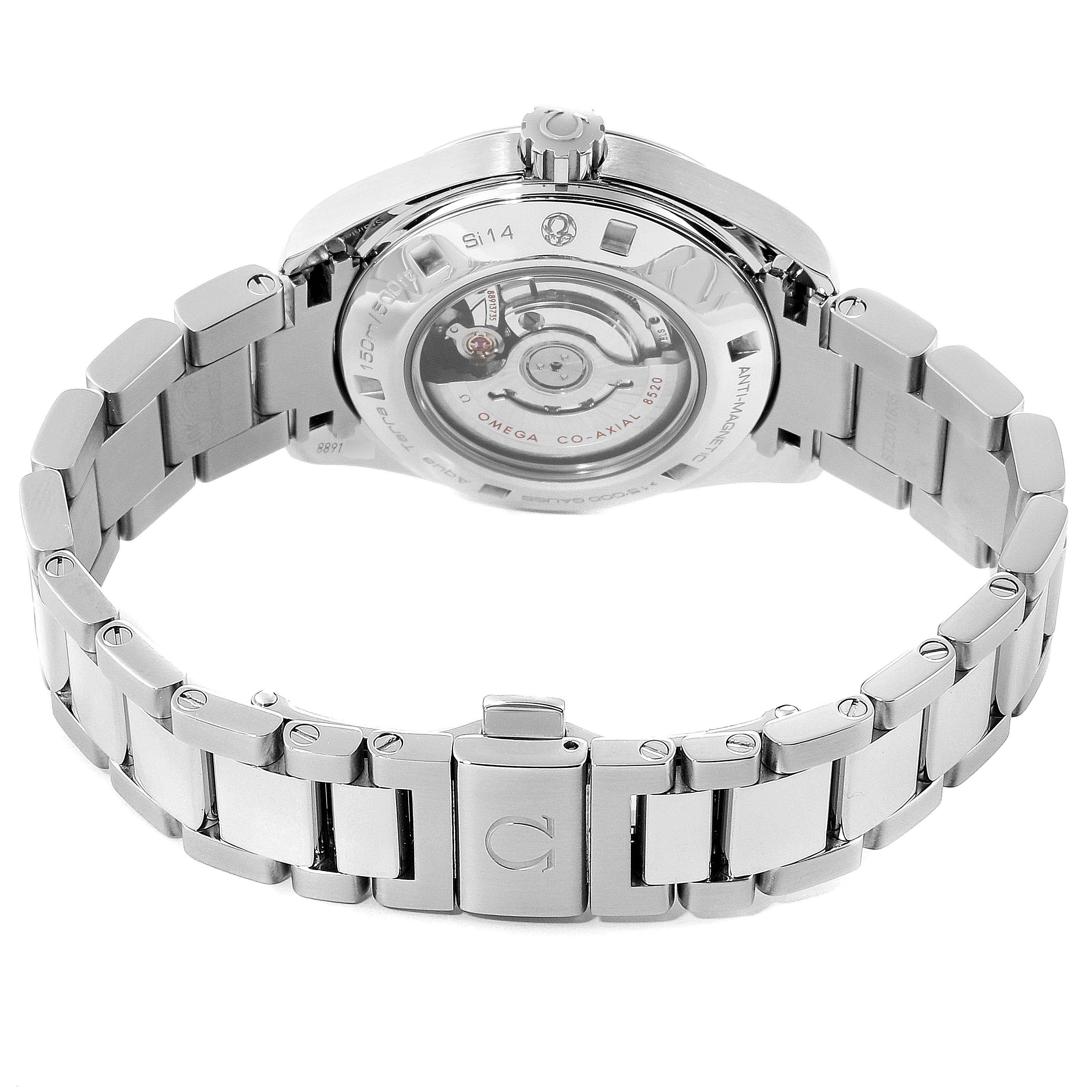 The image shows the back view of the Omega 231.10.34.20.57.001 Women's Stainless Steel Mother of Pearl Dial 231.10.34.20.57.001 Women's Stainless Steel Mother of Pearl Dial Aqua Terra 34 Diamond Ladies Watch model 231.10.34.20.57.001, highlighting the movement and bracelet.