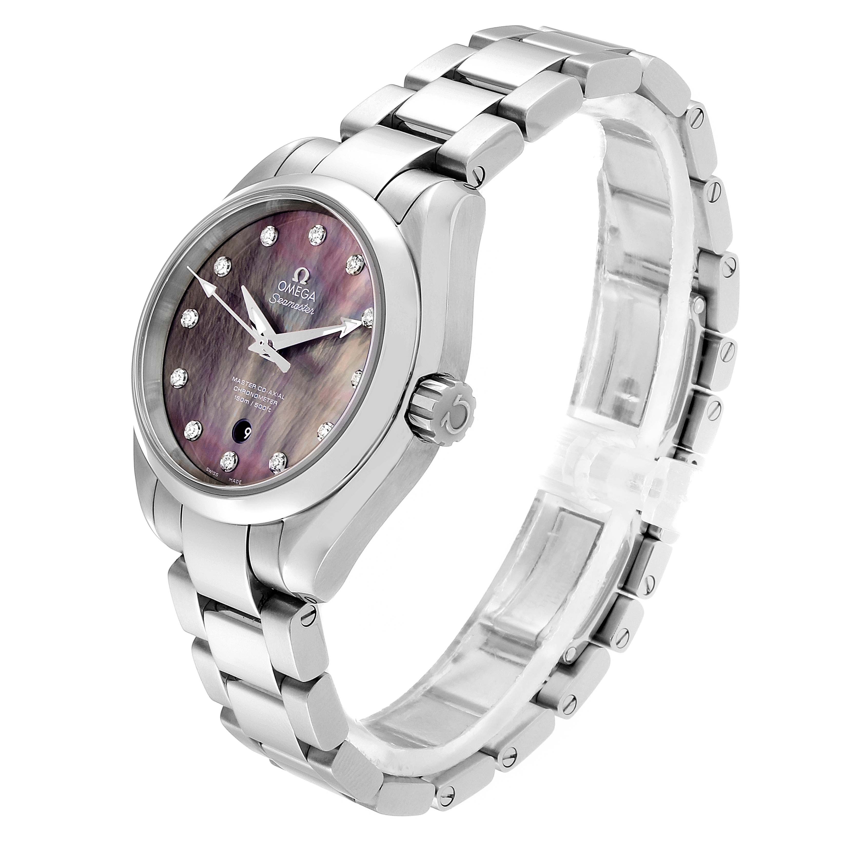 The Omega 231.10.34.20.57.001 Women's Stainless Steel Mother of Pearl Dial 231.10.34.20.57.001 Women's Stainless Steel Mother of Pearl Dial Aqua Terra 34 Diamond Ladies Watch model 231.10.34.20.57.001 is shown at a three-quarter angle, highlighting the face, bracelet, and crown.