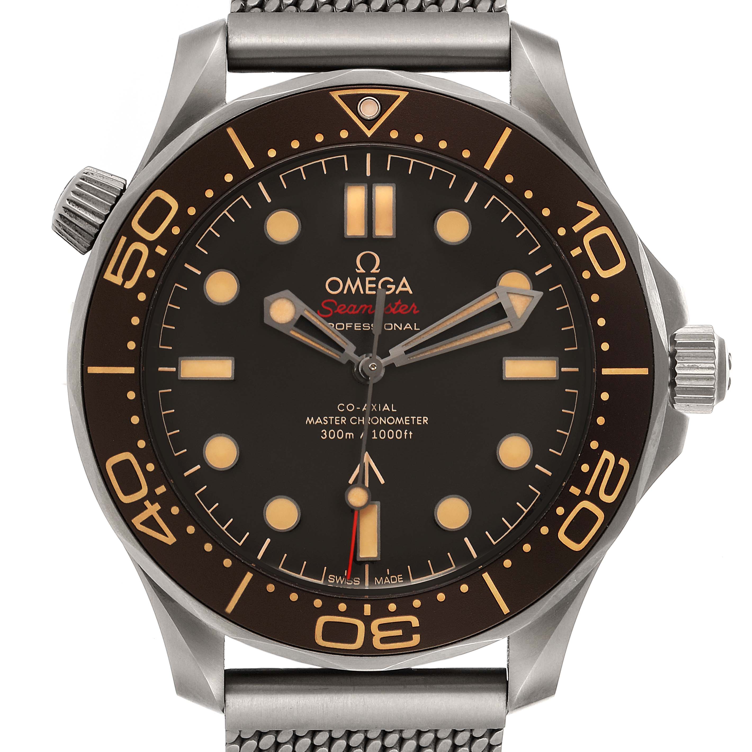 This image shows a front view of an Omega Seamaster 210.92.42.20.01.001 Men's Titanium Brown Dial 210.92.42.20.01.001 Men's Titanium Brown Dial watch displaying the dial and bezel.