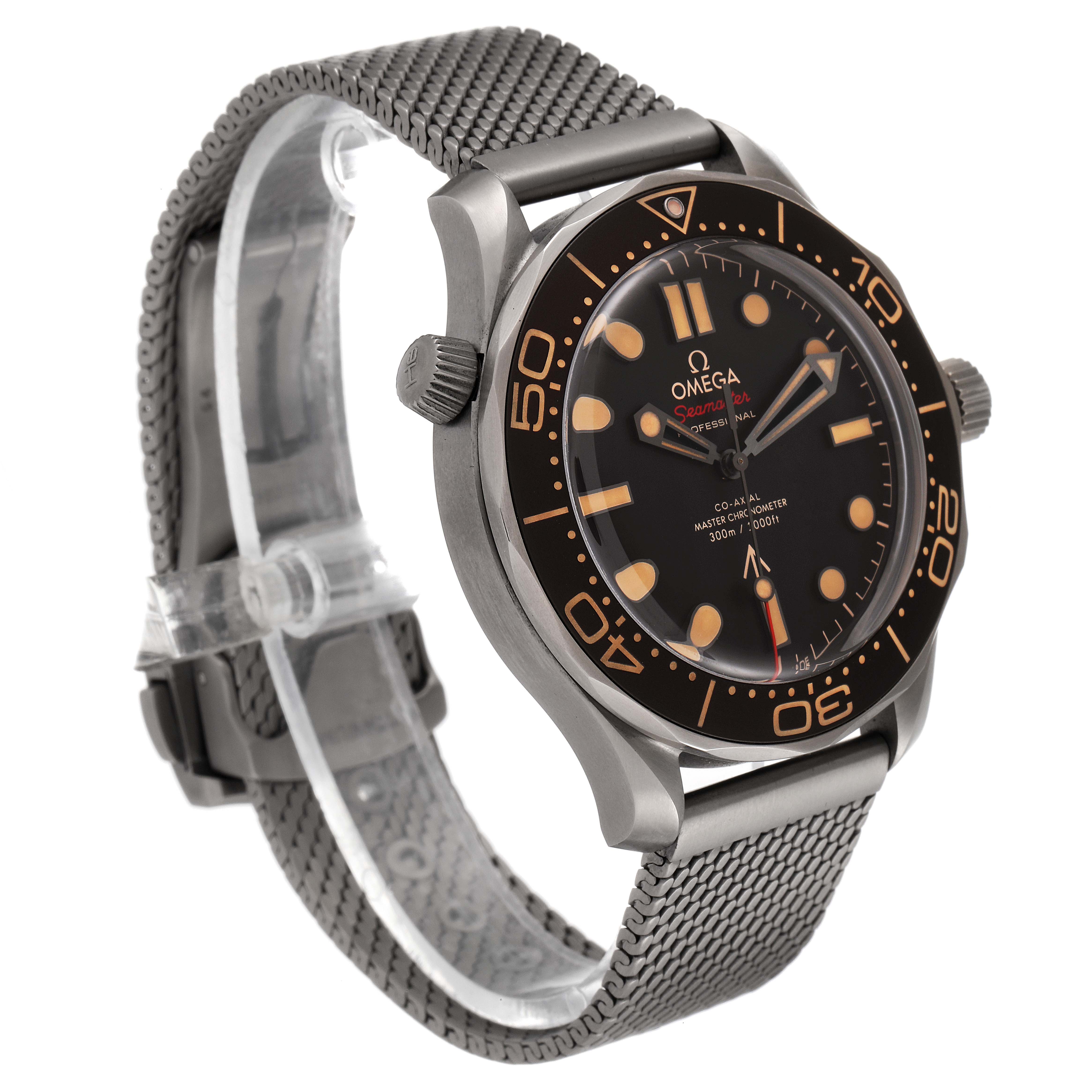 The image shows the front angle of an Omega Seamaster 210.92.42.20.01.001 Men's Titanium Brown Dial 210.92.42.20.01.001 Men's Titanium Brown Dial watch with a mesh strap and visible bezel, crown, and dial.