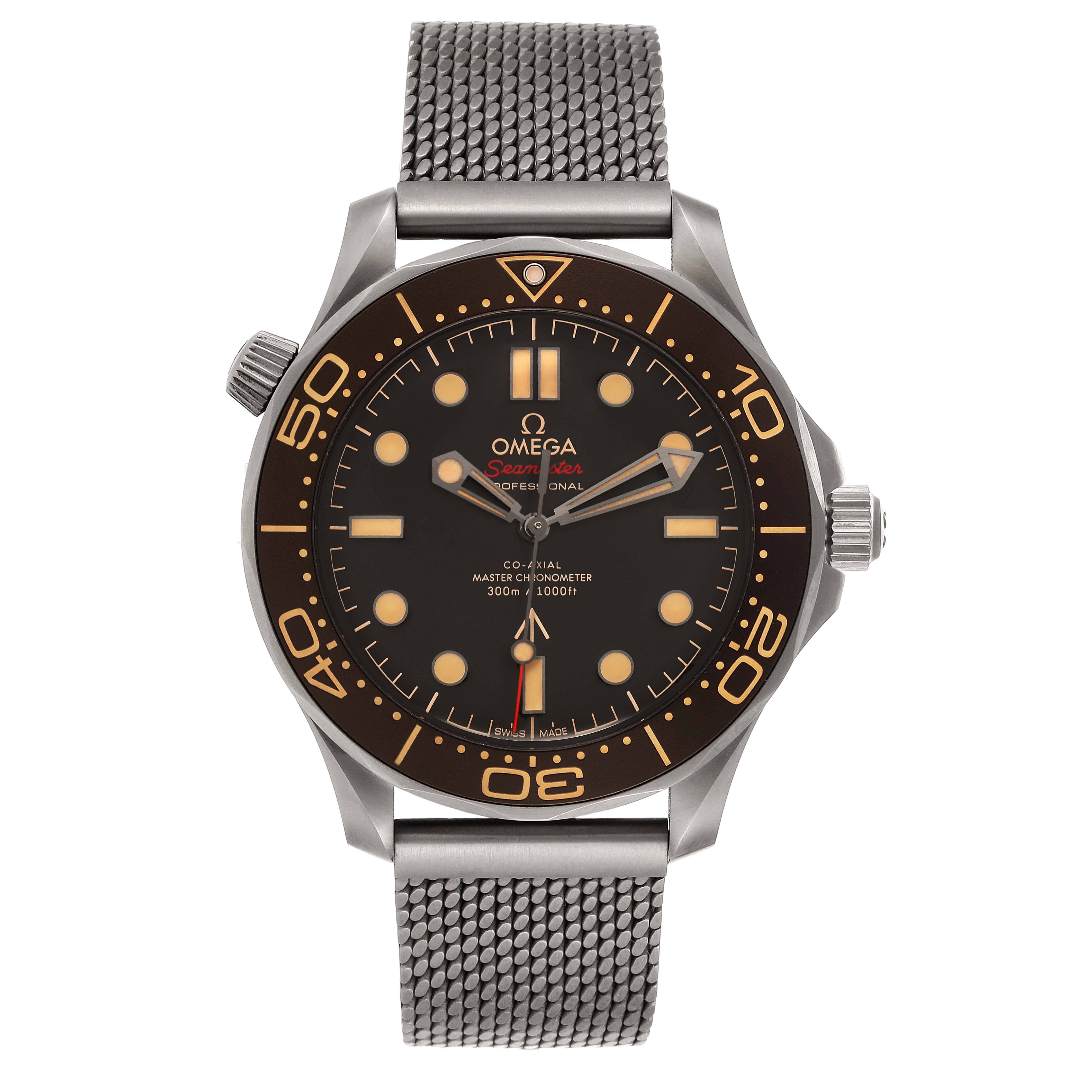 The Omega Seamaster 210.92.42.20.01.001 Men's Titanium Brown Dial 210.92.42.20.01.001 Men's Titanium Brown Dial watch is shown from a front view, displaying the dial, bezel, and mesh bracelet.