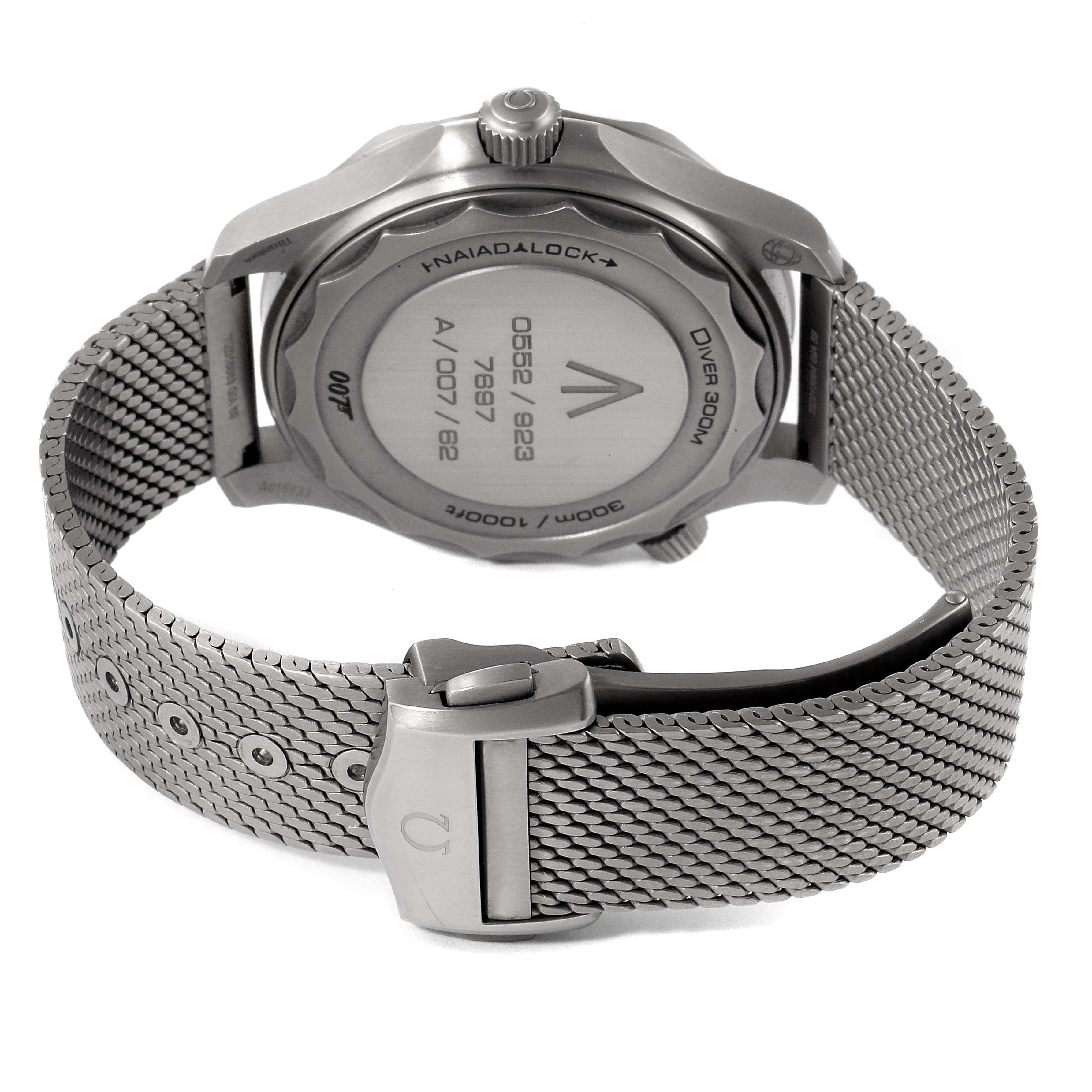 The image shows the back case and metal mesh band with clasp of an Omega Seamaster 210.92.42.20.01.001 Men's Titanium Brown Dial 210.92.42.20.01.001 Men's Titanium Brown Dial watch.