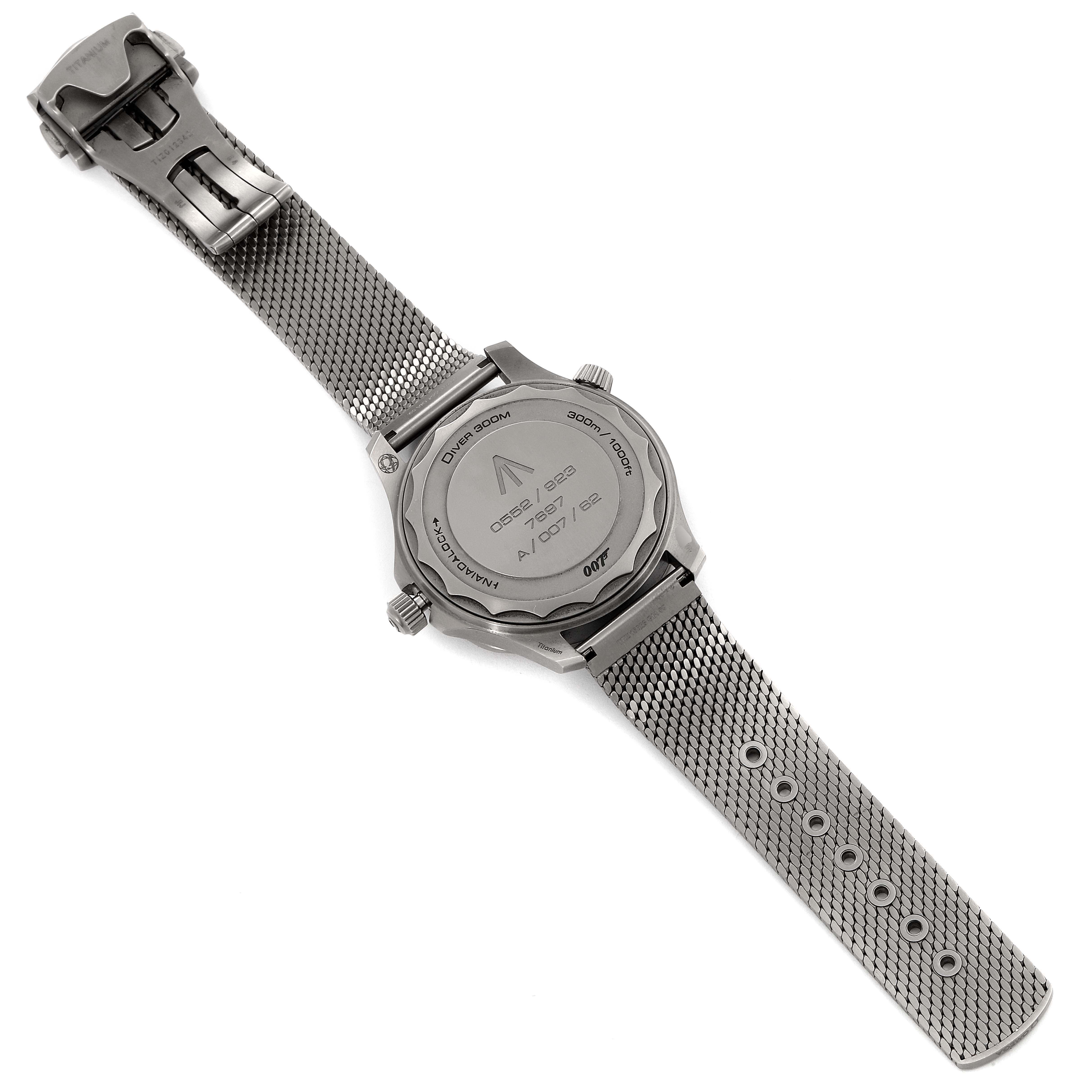 The image shows the back and stainless steel mesh strap of the Omega Seamaster 210.92.42.20.01.001 Men's Titanium Brown Dial 210.92.42.20.01.001 Men's Titanium Brown Dial watch, angled to highlight the case back details.