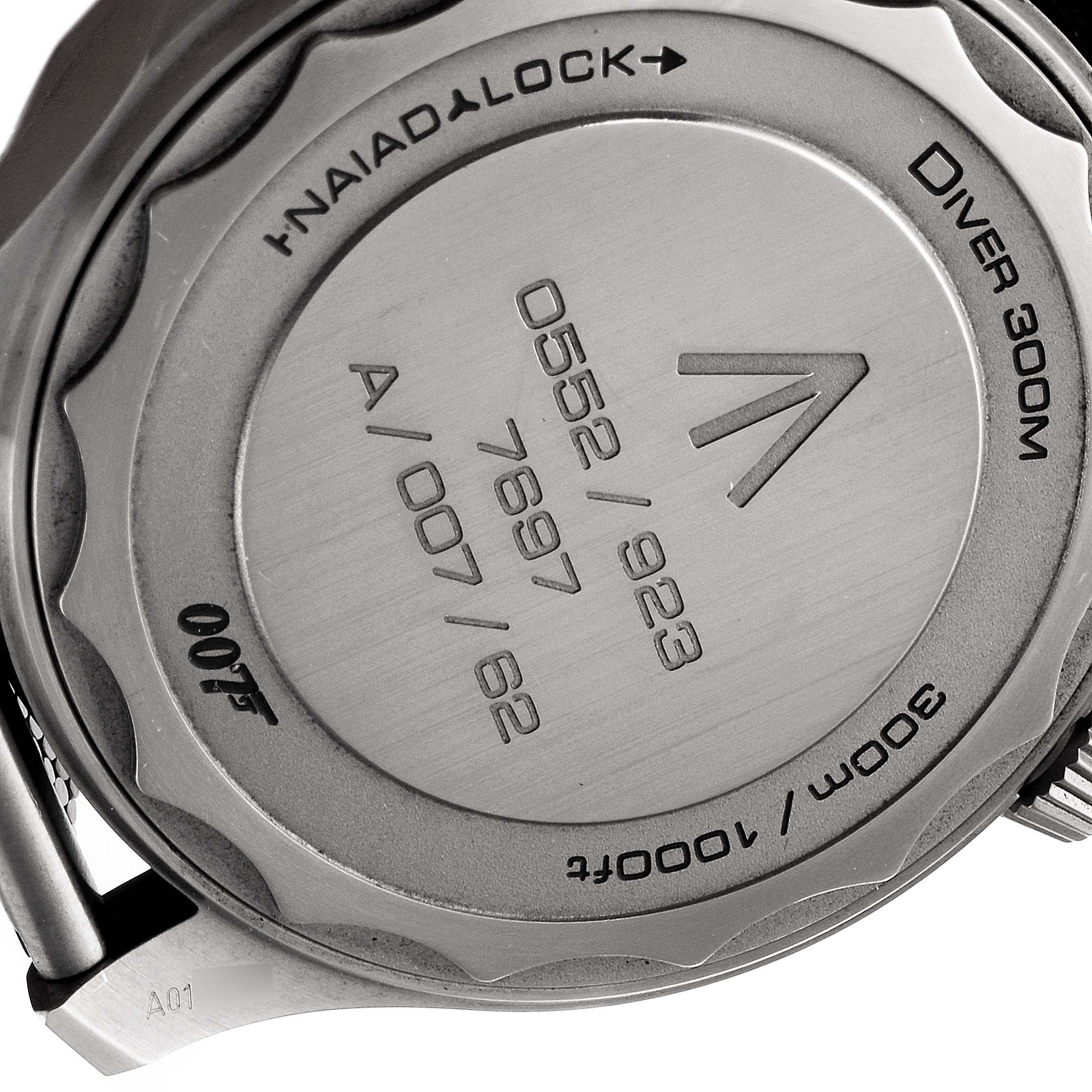 This angle shows the back case of the Omega Seamaster 210.92.42.20.01.001 Men's Titanium Brown Dial 210.92.42.20.01.001 Men's Titanium Brown Dial Diver 300M, featuring engraving details and the Naiad Lock system.