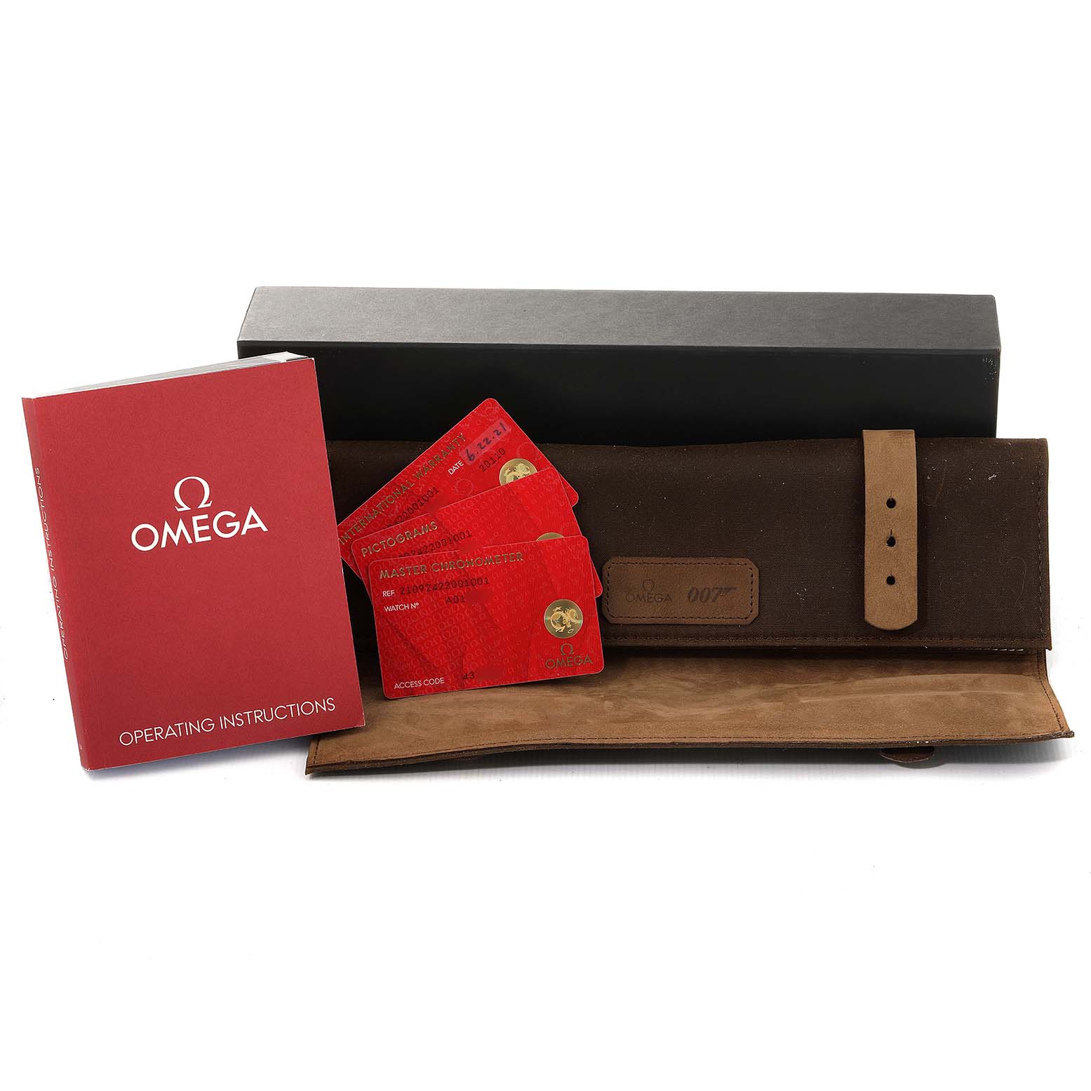 The image shows Omega Seamaster 210.92.42.20.01.001 Men's Titanium Brown Dial 210.92.42.20.01.001 Men's Titanium Brown Dial accessories including an operating instructions booklet, warranty cards, a watch box, and a leather watch roll.