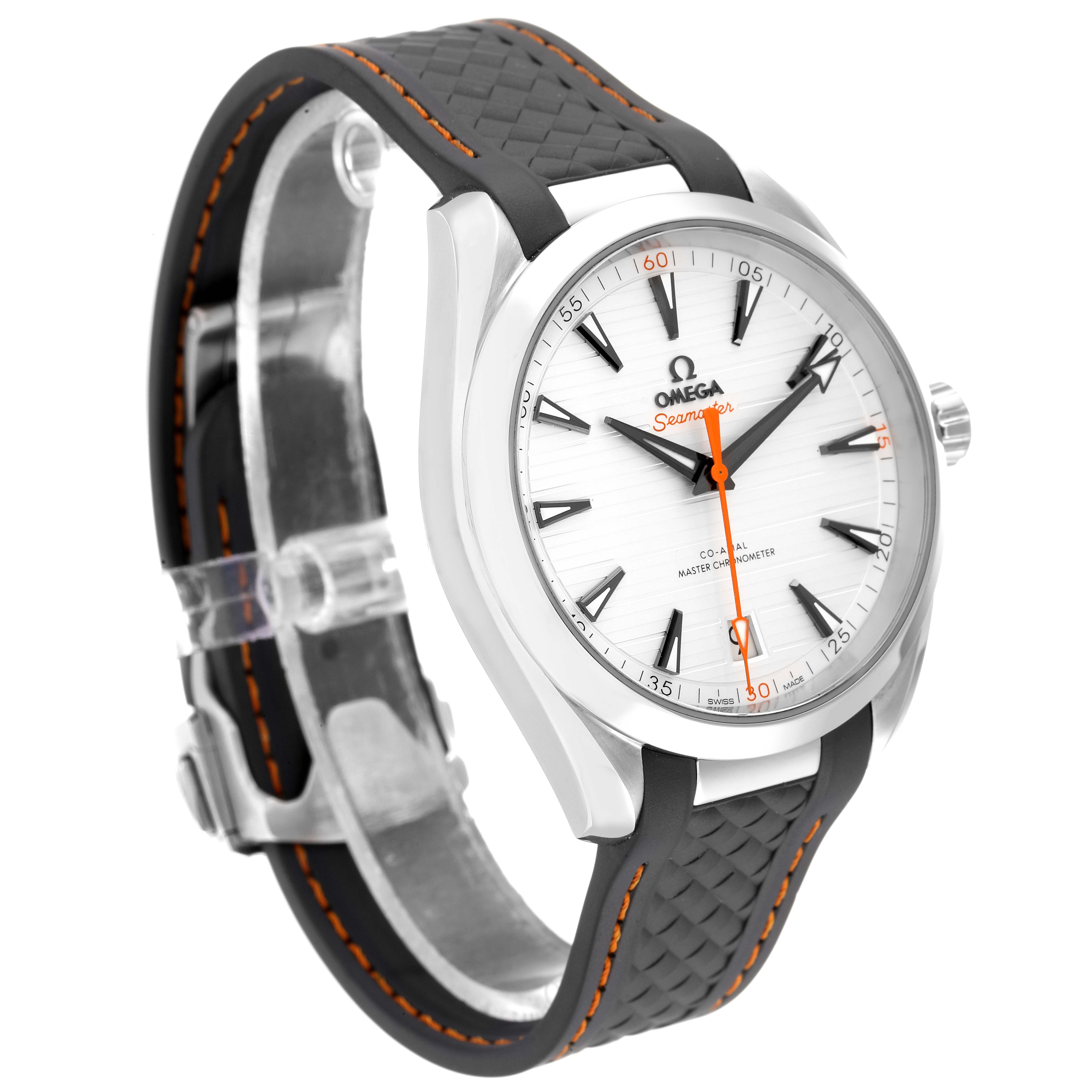 The image shows a side-angle view of the Omega Aqua Terra 220.12.41.21.02.001 Men's Stainless Steel Silver Dial 220.12.41.21.02.001 Men's Stainless Steel Silver Dial watch, highlighting its face, case, and band.