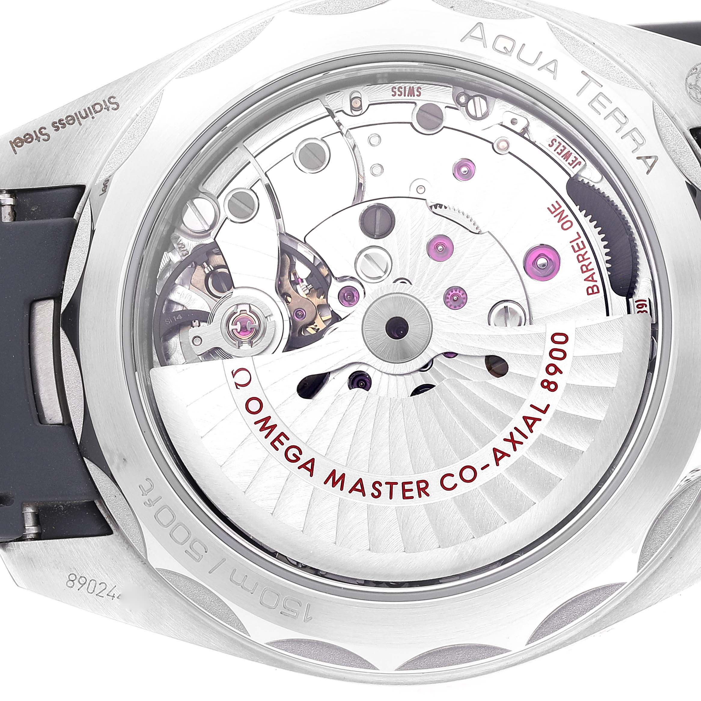 This image shows the back view of the Omega Aqua Terra 220.12.41.21.02.001 Men's Stainless Steel Silver Dial 220.12.41.21.02.001 Men's Stainless Steel Silver Dial watch, highlighting its internal movement and mechanisms.