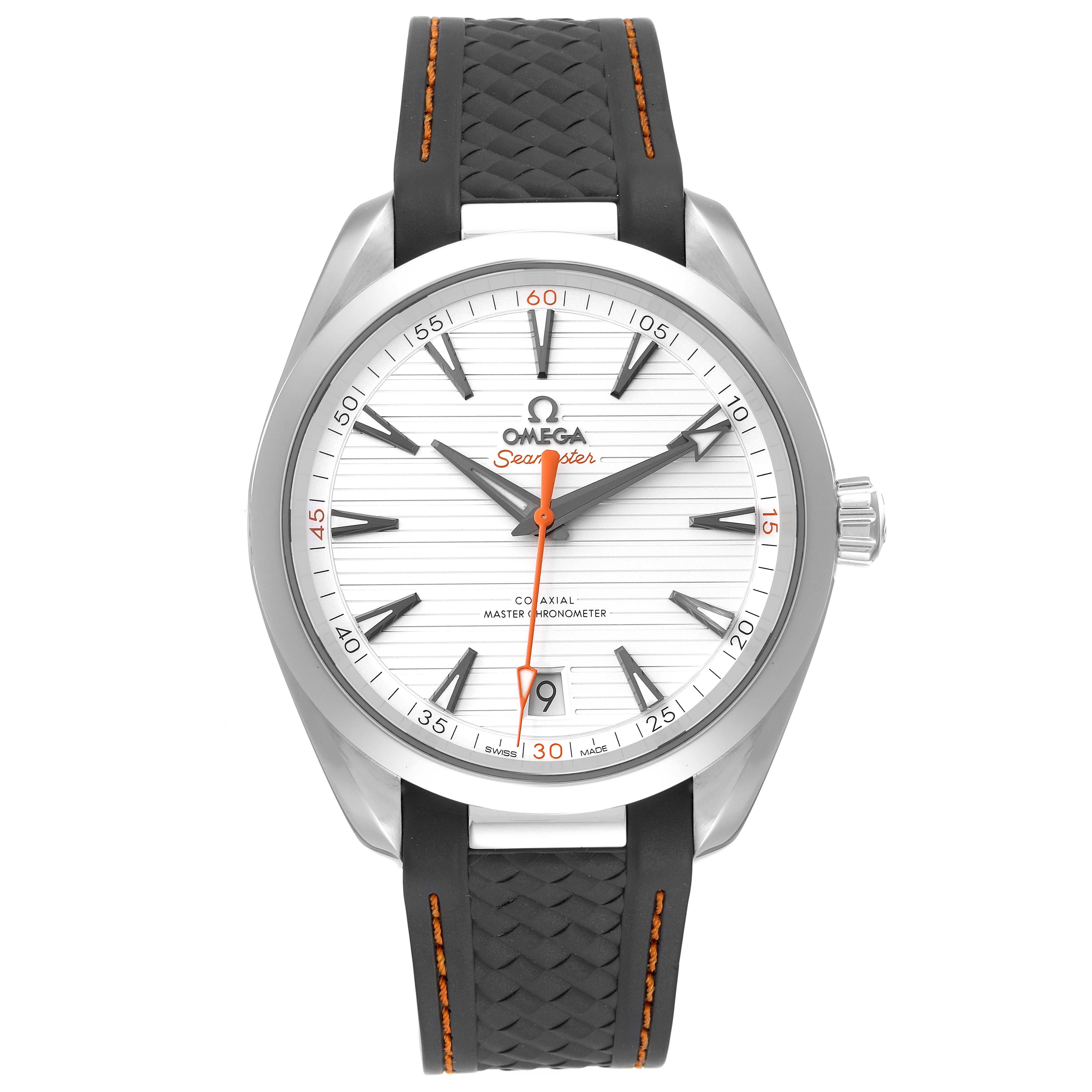 This Omega Aqua Terra 220.12.41.21.02.001 Men's Stainless Steel Silver Dial 220.12.41.21.02.001 Men's Stainless Steel Silver Dial watch is shown from a front angle, displaying the face, bezel, crown, and strap.