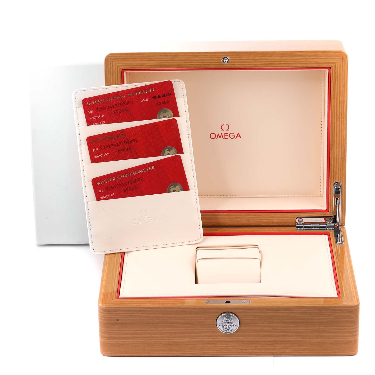 The image shows the packaging for an Omega Aqua Terra 220.12.41.21.02.001 Men's Stainless Steel Silver Dial 220.12.41.21.02.001 Men's Stainless Steel Silver Dial watch, including a wooden box and credit-card-like documents.