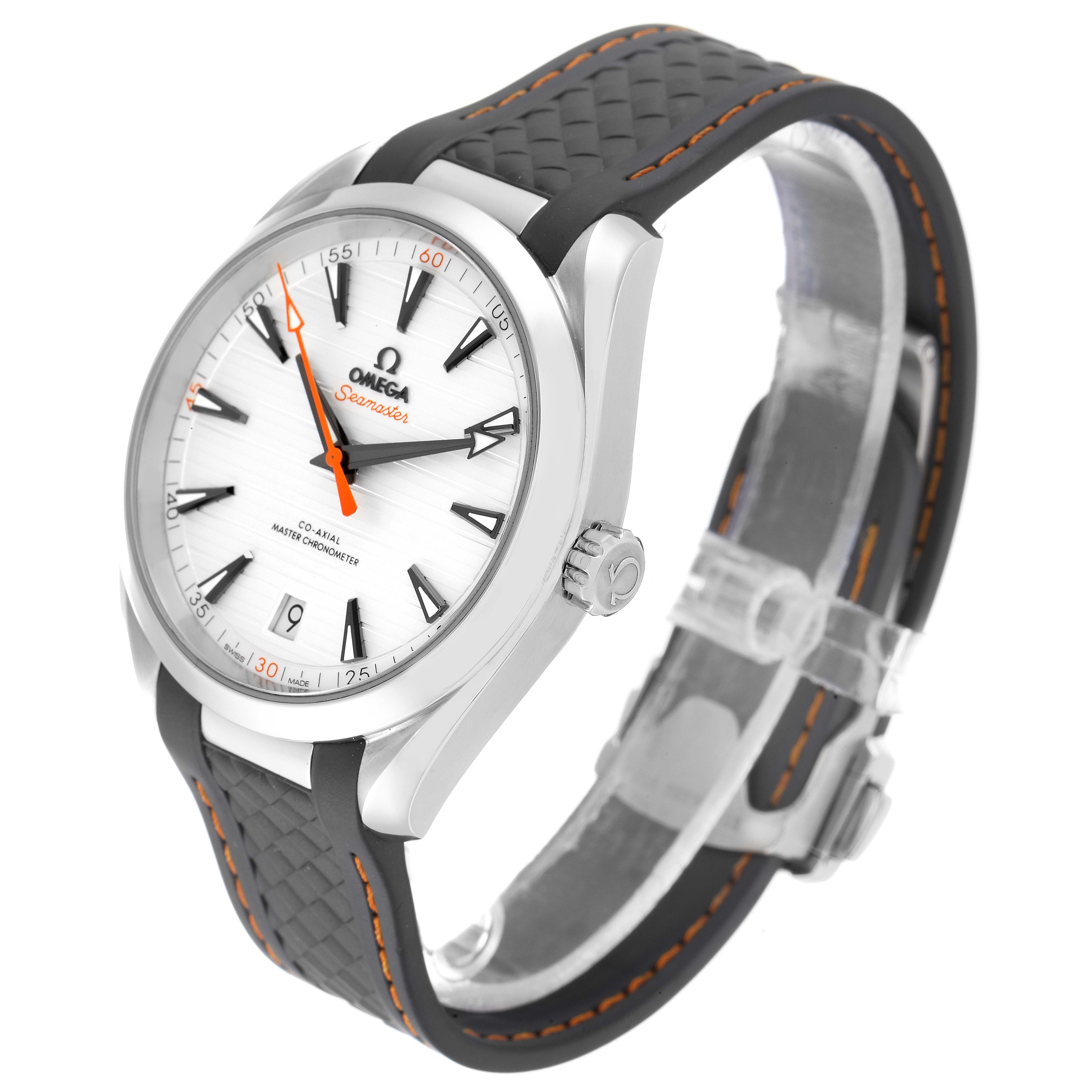 The Omega Aqua Terra 220.12.41.21.02.001 Men's Stainless Steel Silver Dial 220.12.41.21.02.001 Men's Stainless Steel Silver Dial watch is shown at a three-quarter angle, displaying the face, bezel, crown, and strap.