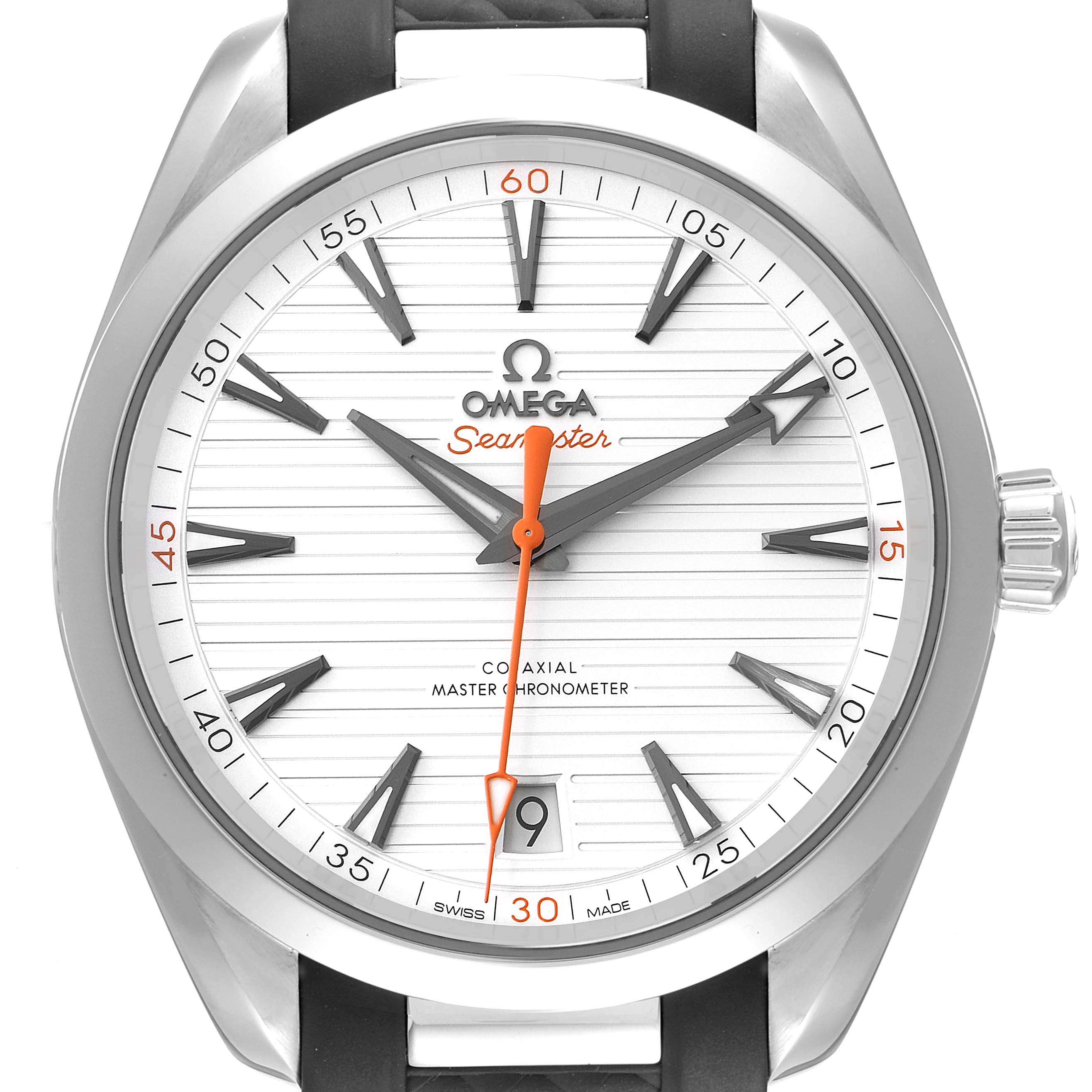 The image shows a front view of an Omega Seamaster Aqua Terra watch, highlighting the dial, case, and part of the strap.