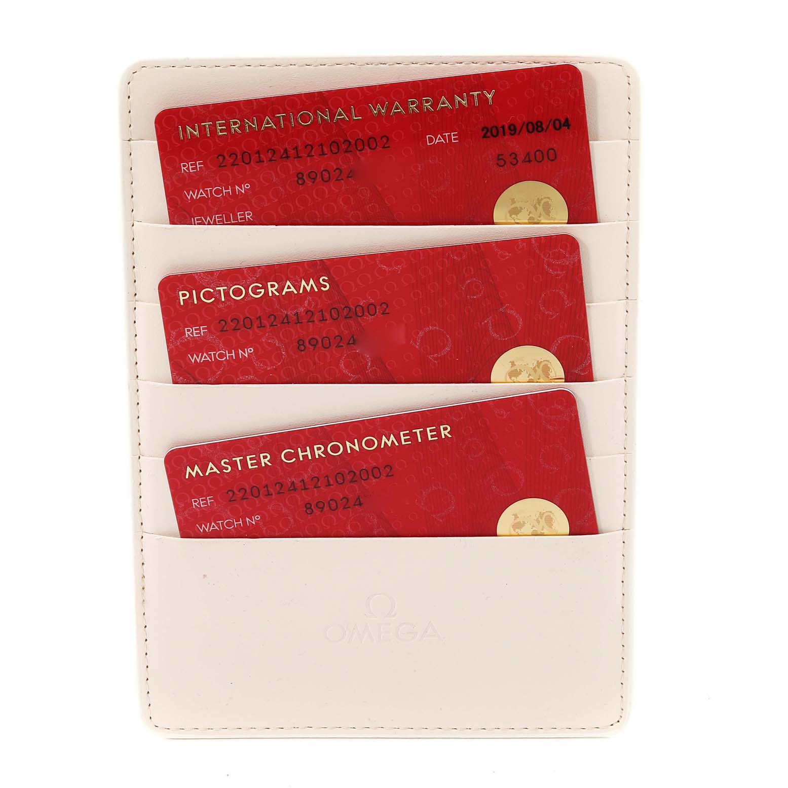 The image shows warranty and certification cards for the Omega Aqua Terra 220.12.41.21.02.001 Men's Stainless Steel Silver Dial 220.12.41.21.02.001 Men's Stainless Steel Silver Dial model in a white cardholder.