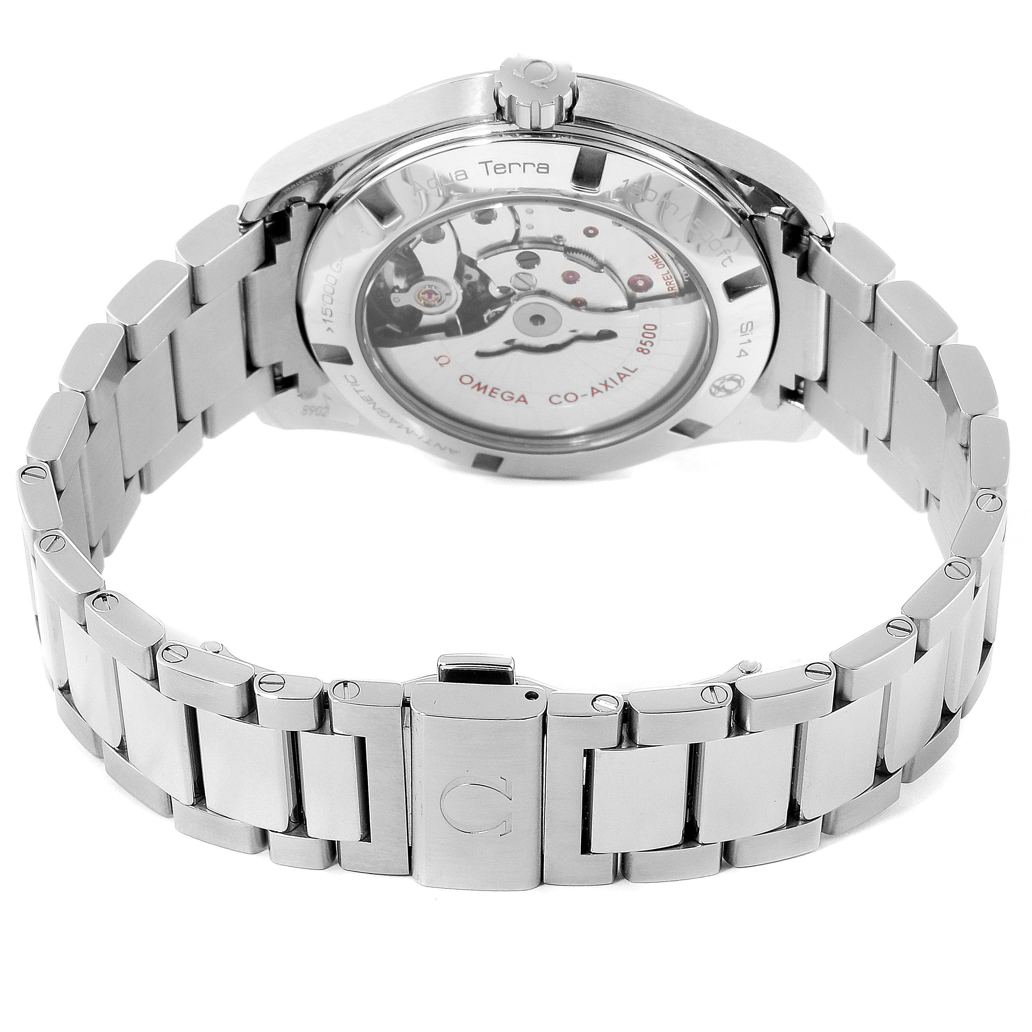 The image shows the back of the Omega Aqua Terra 231.10.42.21.01.004 Men's Stainless Steel Black Dial 231.10.42.21.01.004 Men's Stainless Steel Black Dial watch, highlighting its case back and stainless steel bracelet.