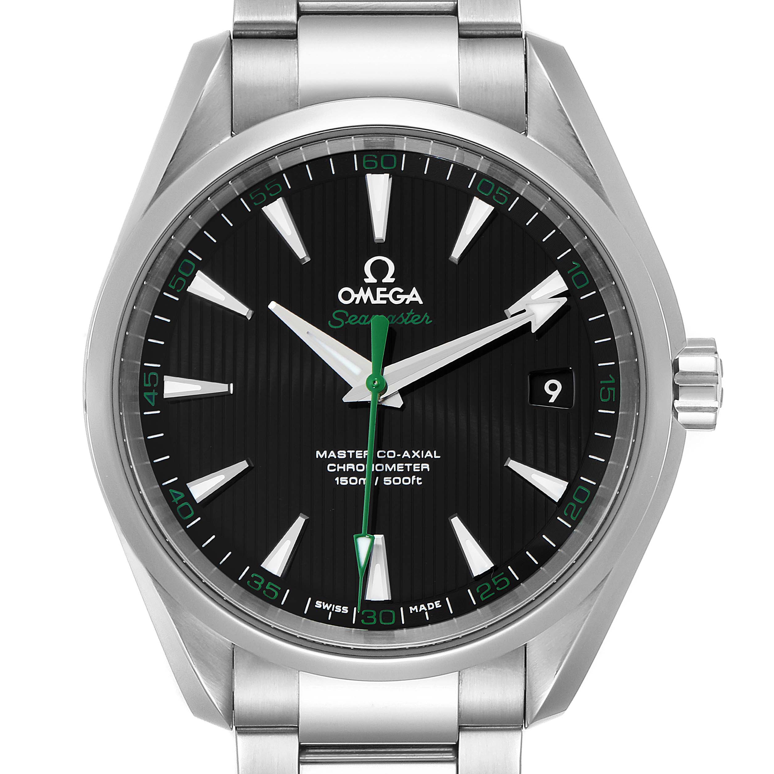 This image shows a front view of the Omega Aqua Terra 231.10.42.21.01.004 Men's Stainless Steel Black Dial 231.10.42.21.01.004 Men's Stainless Steel Black Dial watch, highlighting the dial, hands, markers, and bracelet.