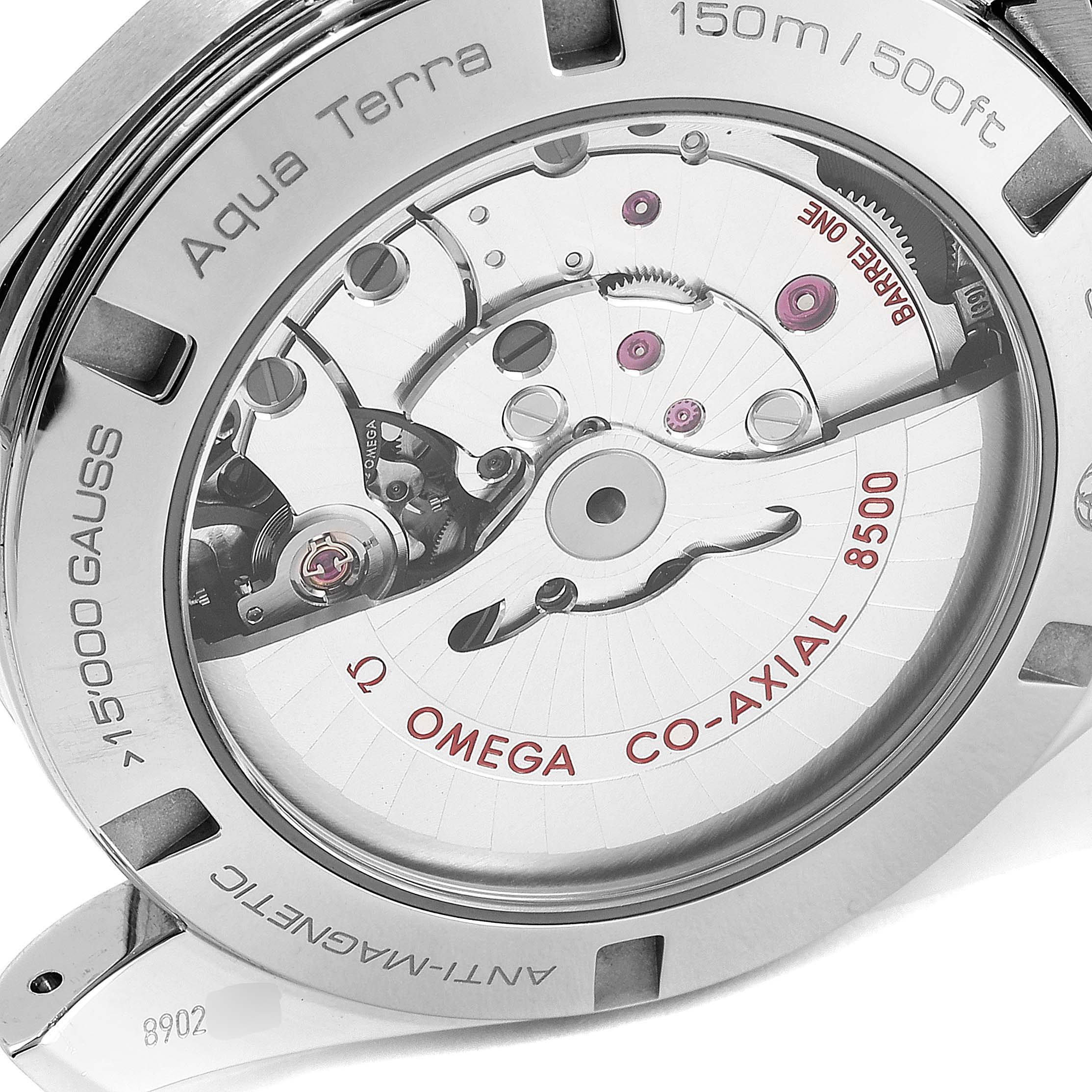 The image shows the close-up view of the case back for the Omega Aqua Terra 231.10.42.21.01.004 Men's Stainless Steel Black Dial 231.10.42.21.01.004 Men's Stainless Steel Black Dial 150m/500ft watch, highlighting its movement details.