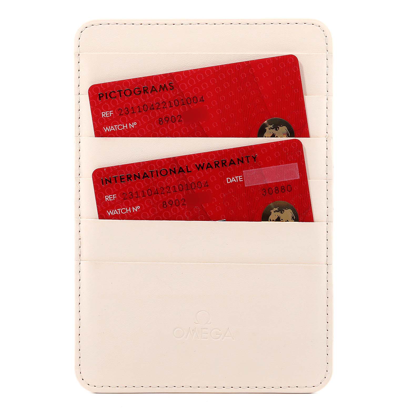 The image shows warranty and pictogram cards for the Omega Aqua Terra 231.10.42.21.01.004 Men's Stainless Steel Black Dial 231.10.42.21.01.004 Men's Stainless Steel Black Dial watch model in a white cardholder.