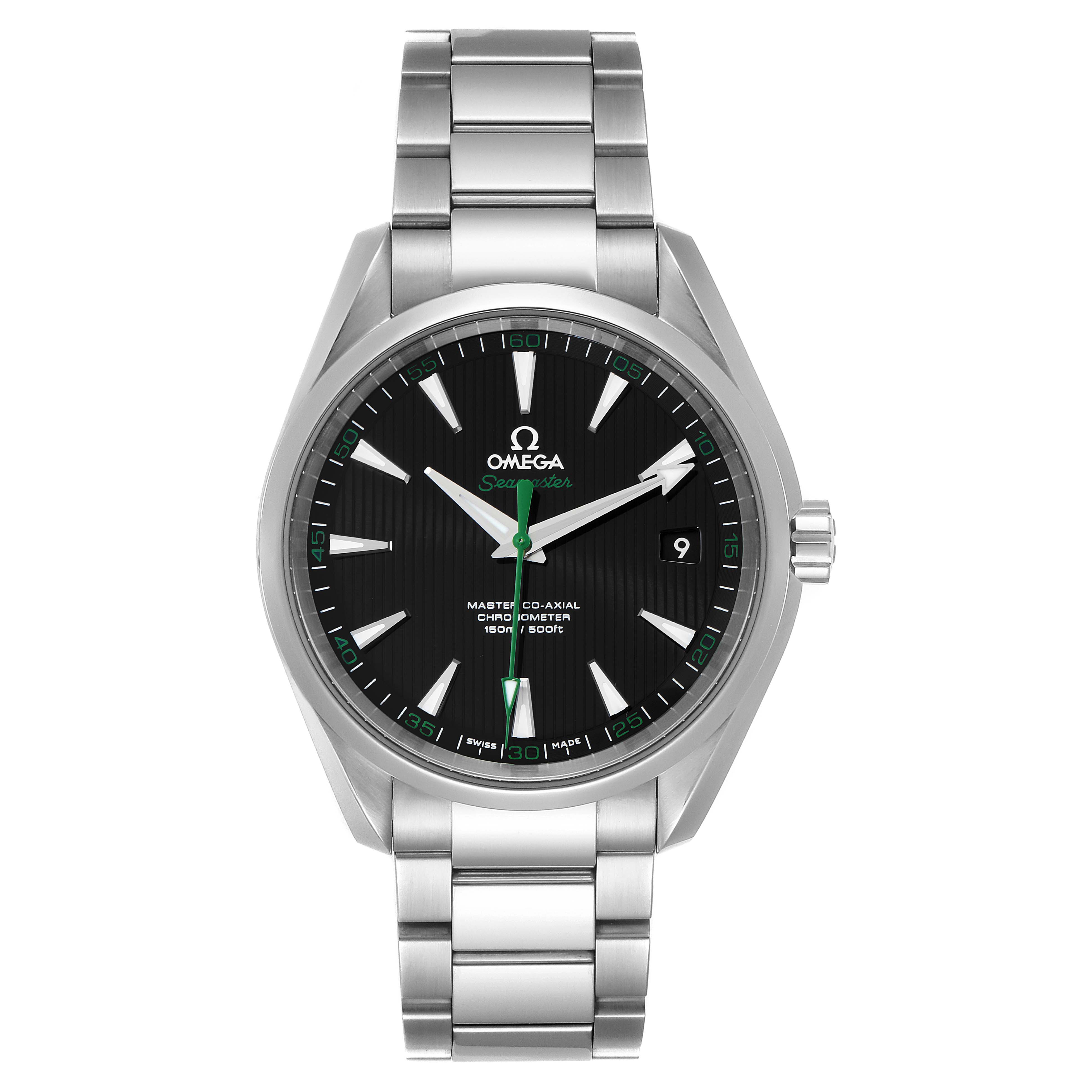 The image shows a front view of an Omega Aqua Terra 231.10.42.21.01.004 Men's Stainless Steel Black Dial 231.10.42.21.01.004 Men's Stainless Steel Black Dial watch featuring a black dial, stainless steel bracelet, and a date window at 3 o'clock.