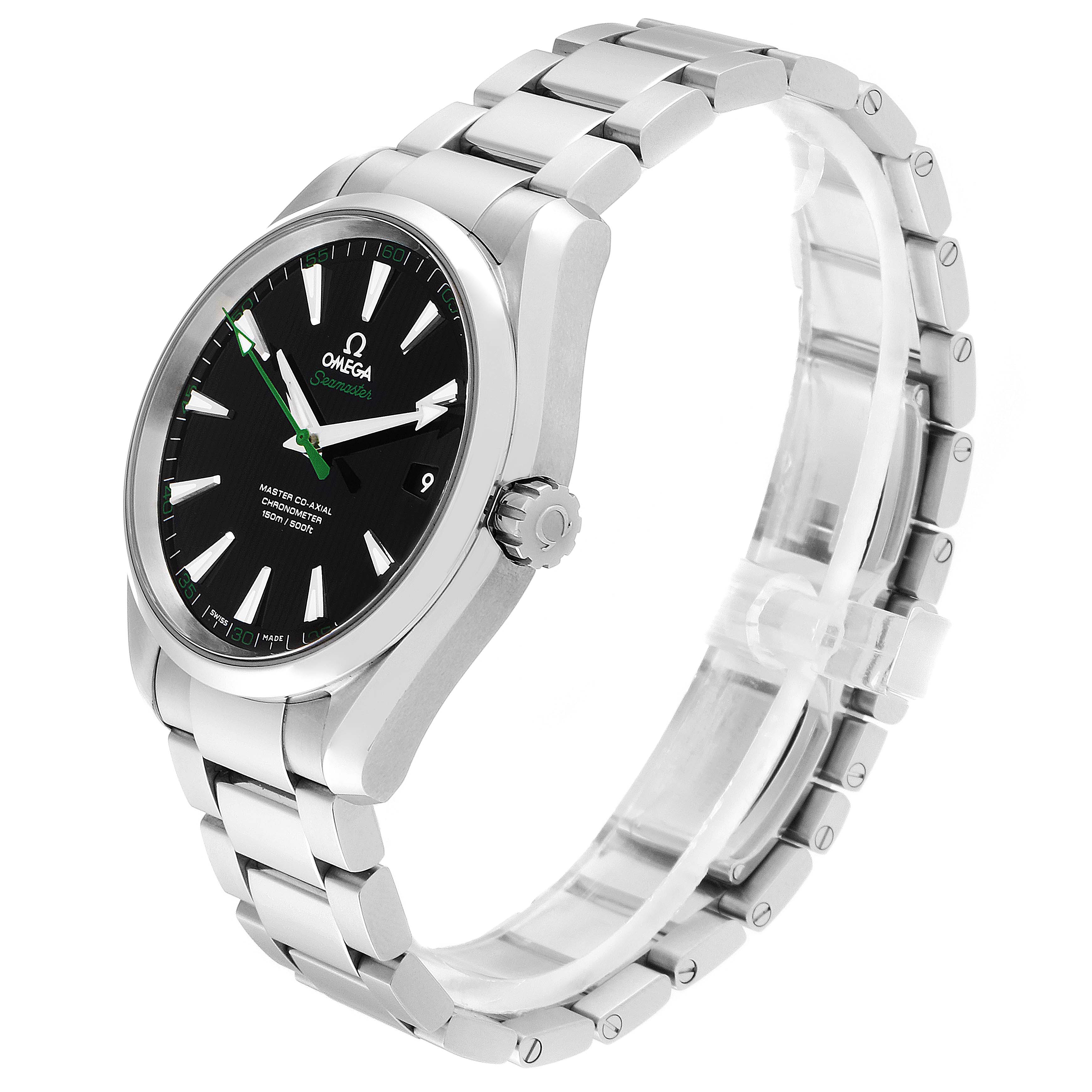 The image shows a front angle of an Omega Aqua Terra 231.10.42.21.01.004 Men's Stainless Steel Black Dial 231.10.42.21.01.004 Men's Stainless Steel Black Dial watch, highlighting the black face, bezel, crown, and stainless steel bracelet.