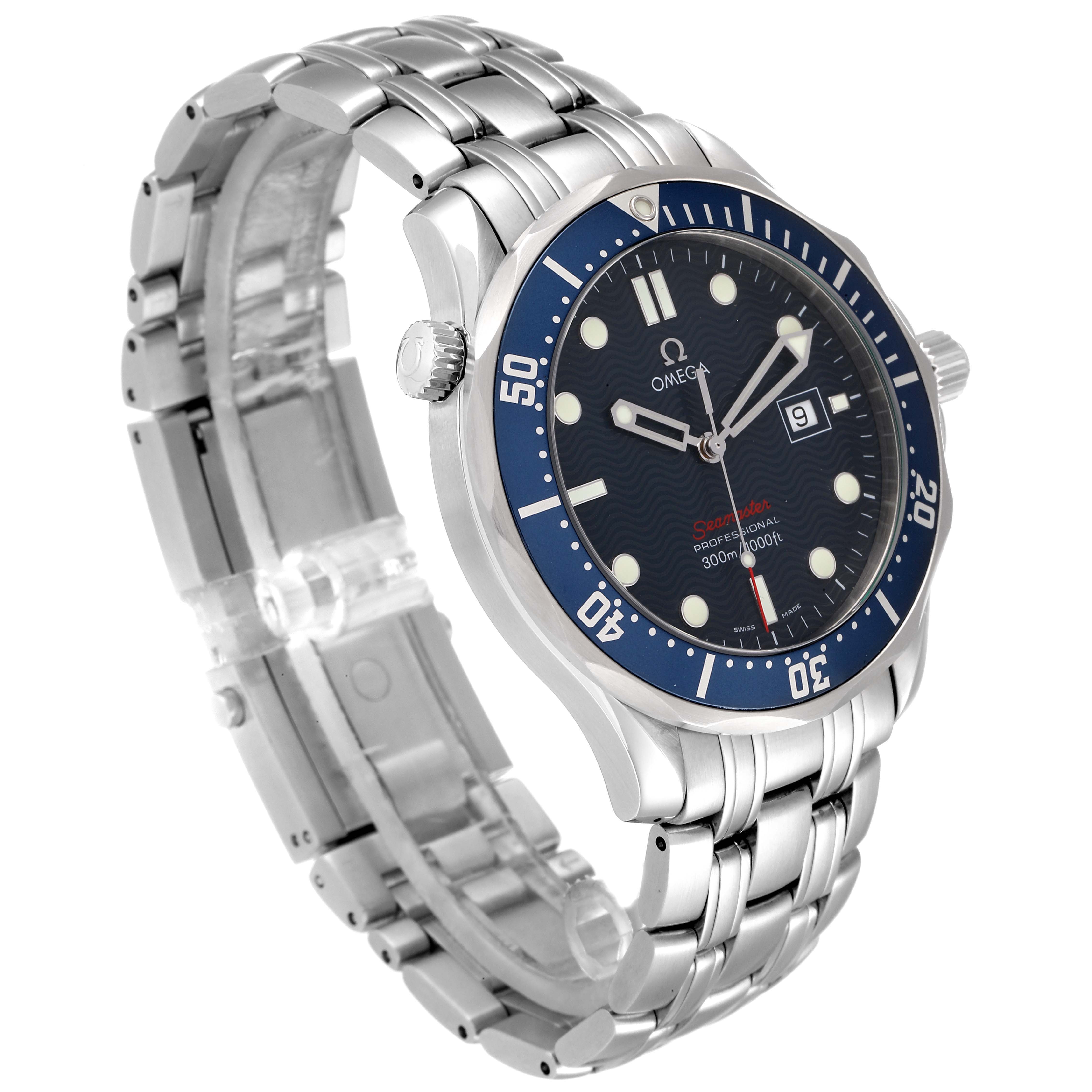 The Omega Seamaster 2221.80.00 Men's Stainless Steel Blue Dial 2221.80.00 Men's Stainless Steel Blue Dial watch is shown from a side angle, highlighting the face, bezel, crown, and bracelet.