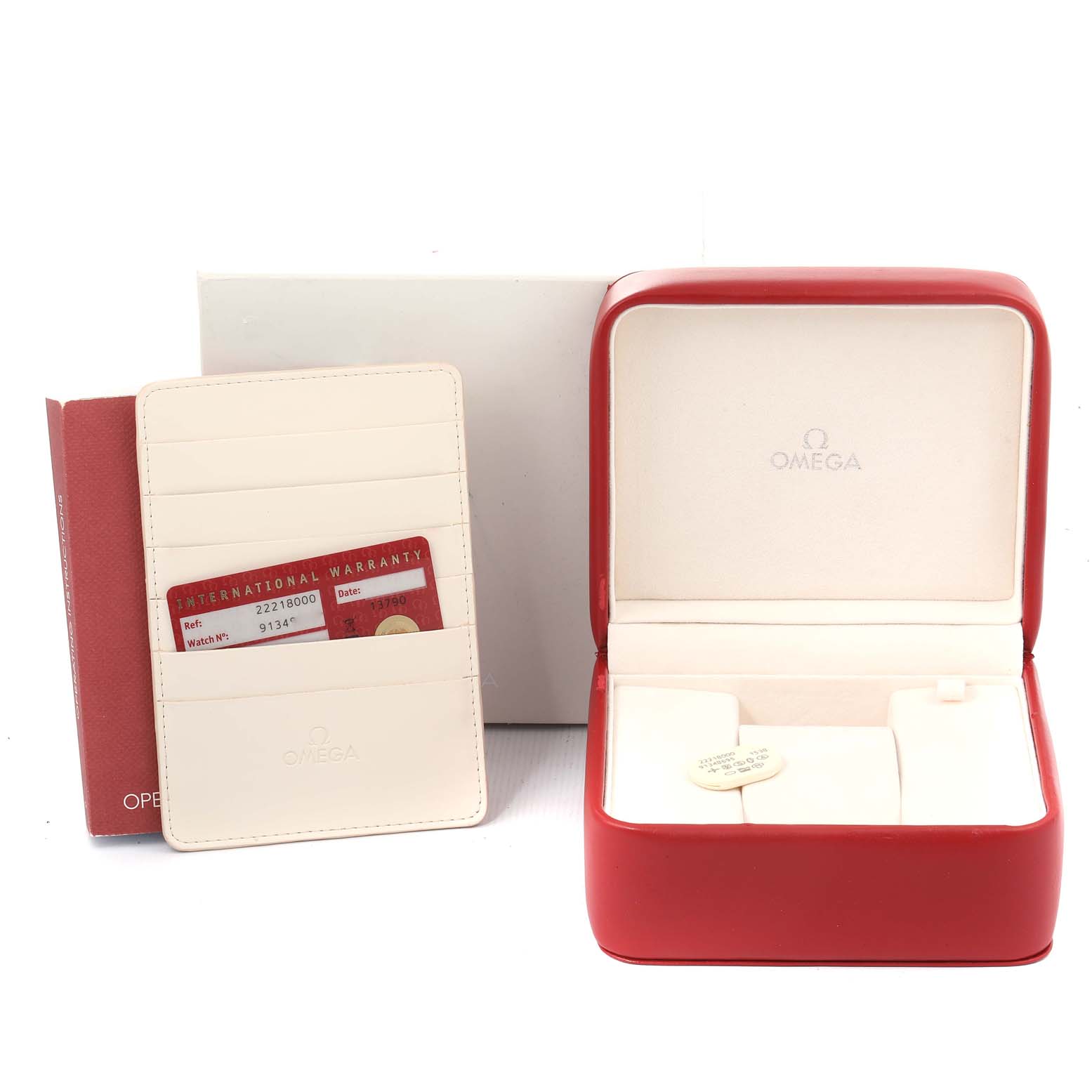 The image shows the red box, warranty card, and cardholder for the Omega Seamaster 2221.80.00 Men's Stainless Steel Blue Dial 2221.80.00 Men's Stainless Steel Blue Dial watch.