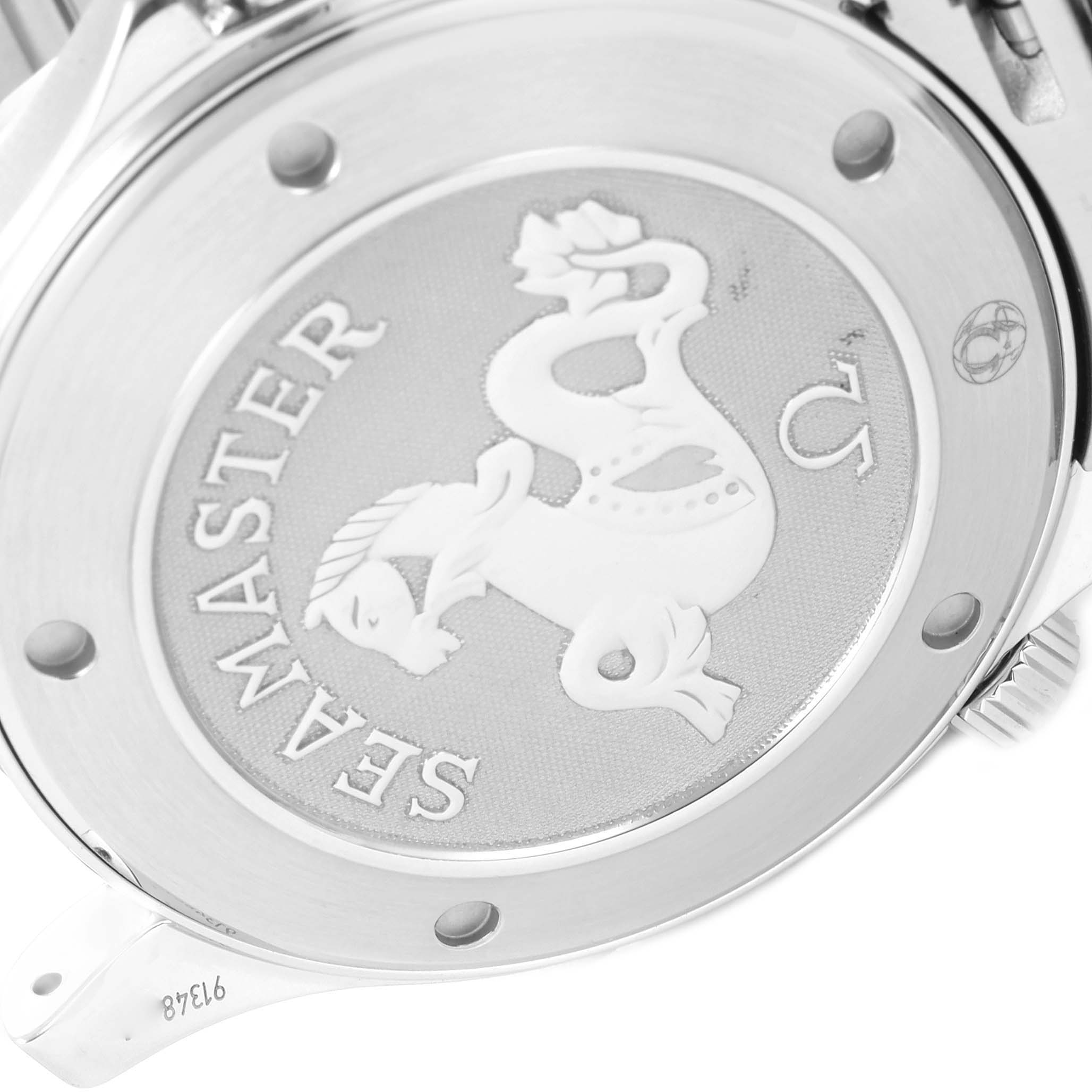 The image shows the case back of an Omega Seamaster 2221.80.00 Men's Stainless Steel Blue Dial 2221.80.00 Men's Stainless Steel Blue Dial watch, highlighting the engraved logo and 'Seamaster' text.