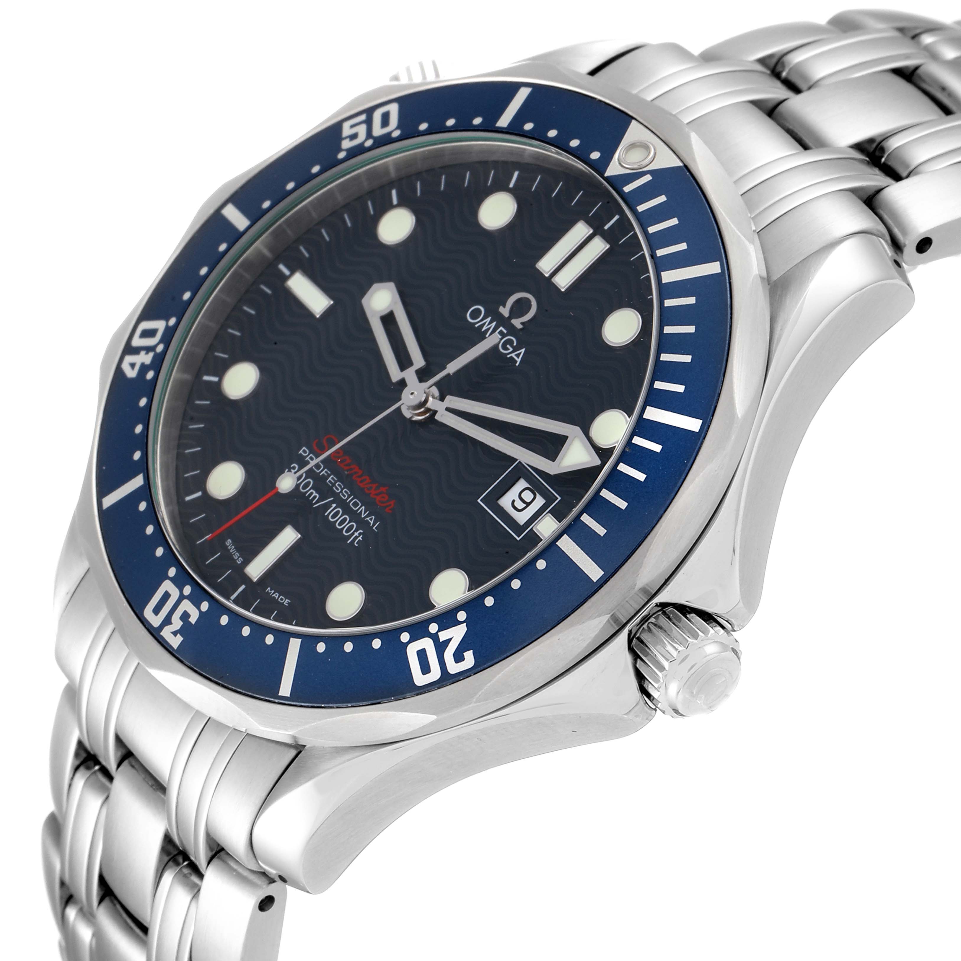 This image shows a close-up angle of an Omega Seamaster 2221.80.00 Men's Stainless Steel Blue Dial 2221.80.00 Men's Stainless Steel Blue Dial watch, highlighting its face, bezel, crown, and part of the bracelet.