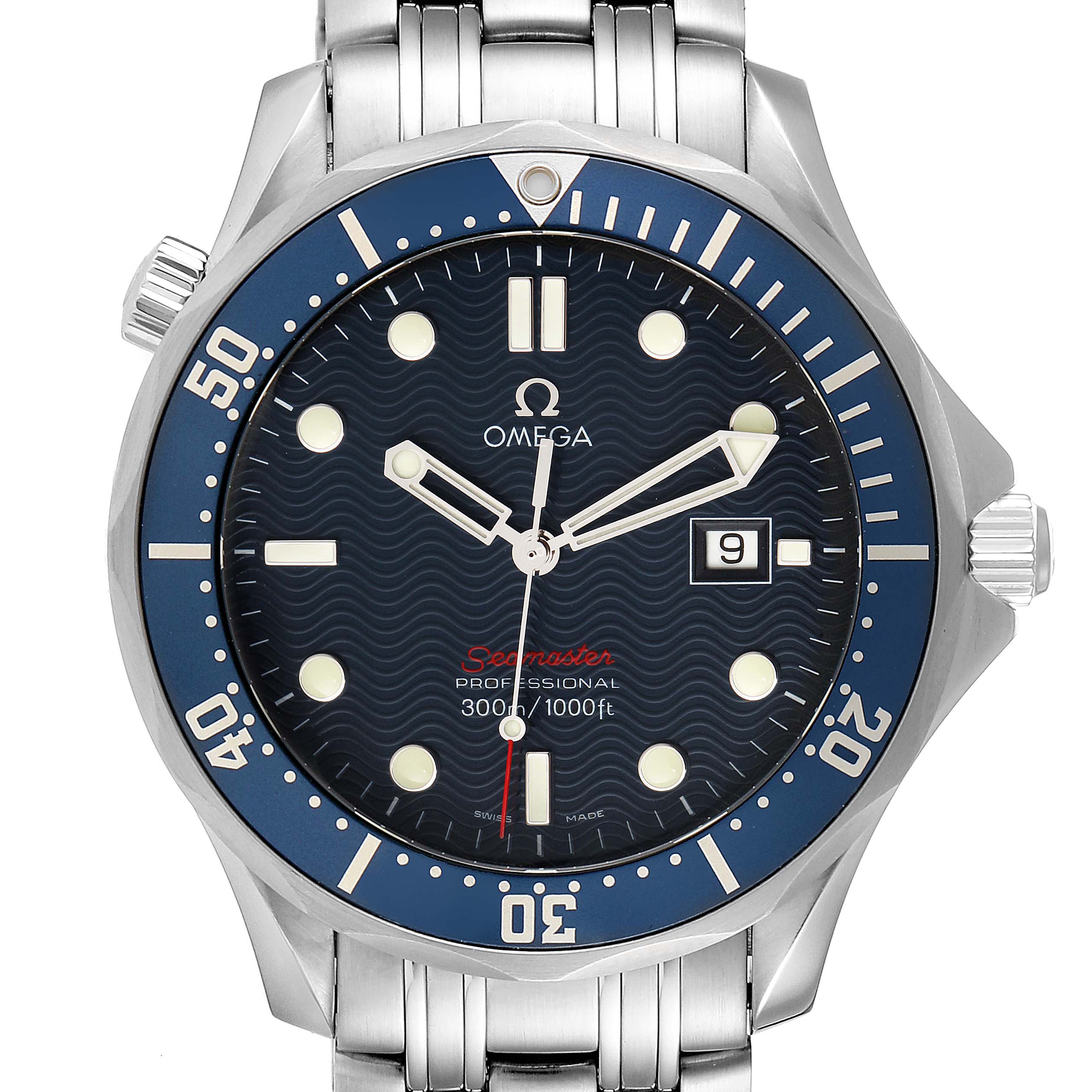 The image shows a front view of the Omega Seamaster 2221.80.00 Men's Stainless Steel Blue Dial 2221.80.00 Men's Stainless Steel Blue Dial watch, featuring its dial, bezel, date window, and stainless steel bracelet.