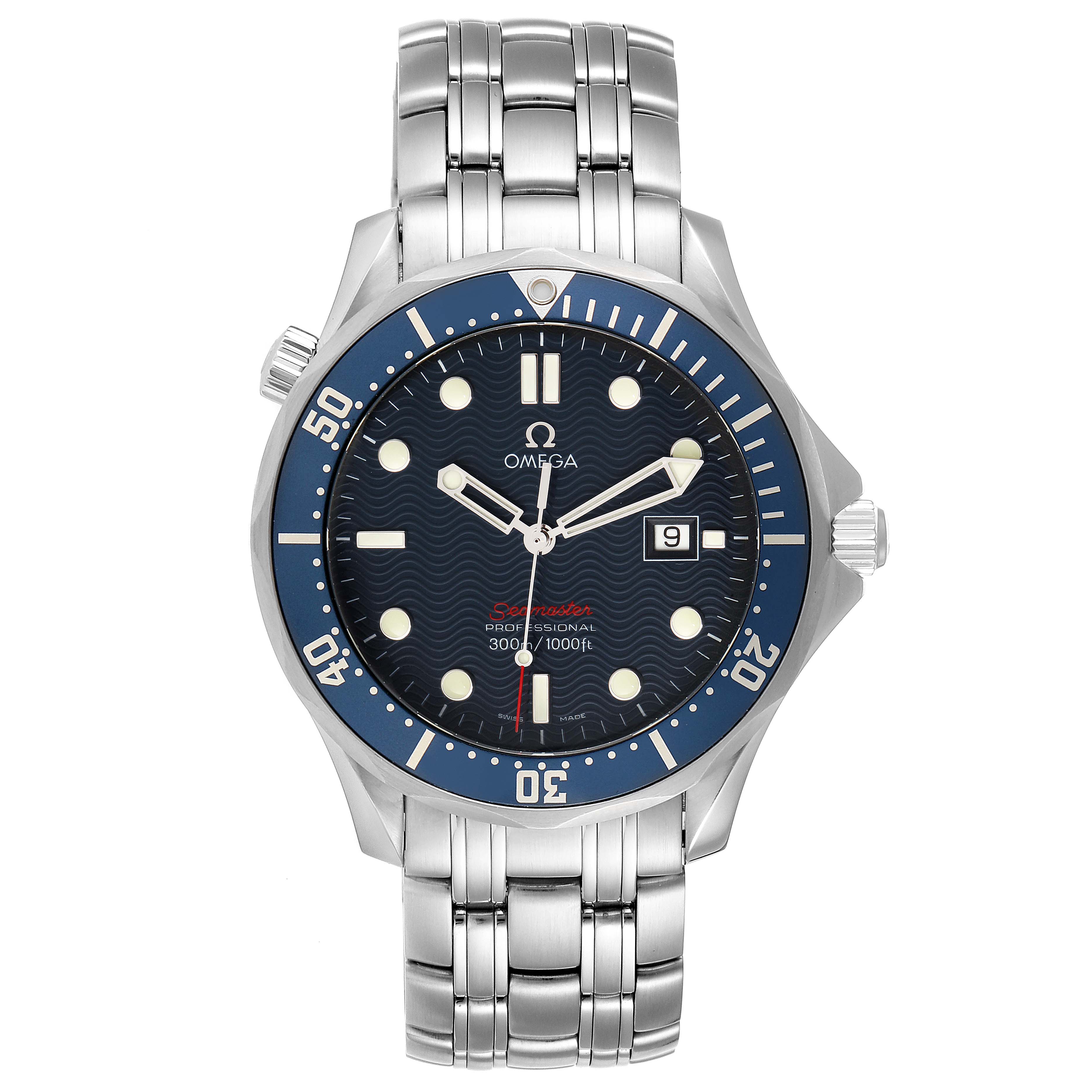 The Omega Seamaster 2221.80.00 Men's Stainless Steel Blue Dial 2221.80.00 Men's Stainless Steel Blue Dial watch is shown from a front angle, displaying the face, bezel, hands, and bracelet.
